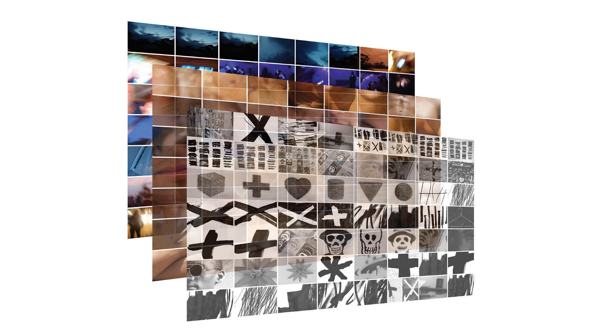 ID: Three gridded digital collages stacked one behind the other, seen from 3/4 view. The collages are black and white, tan, and blue.