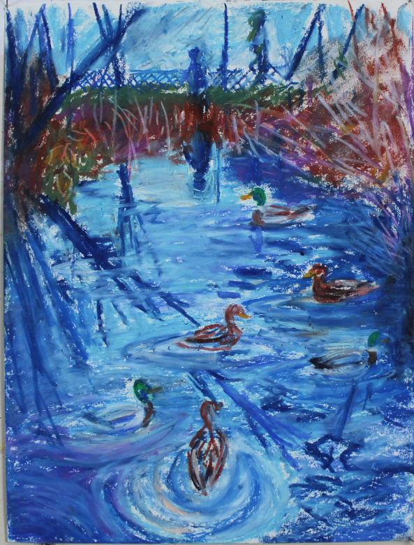 Ducks at Carkeek (Winter), 2021, Oil pastel on paper, 12 x 9 in. $500