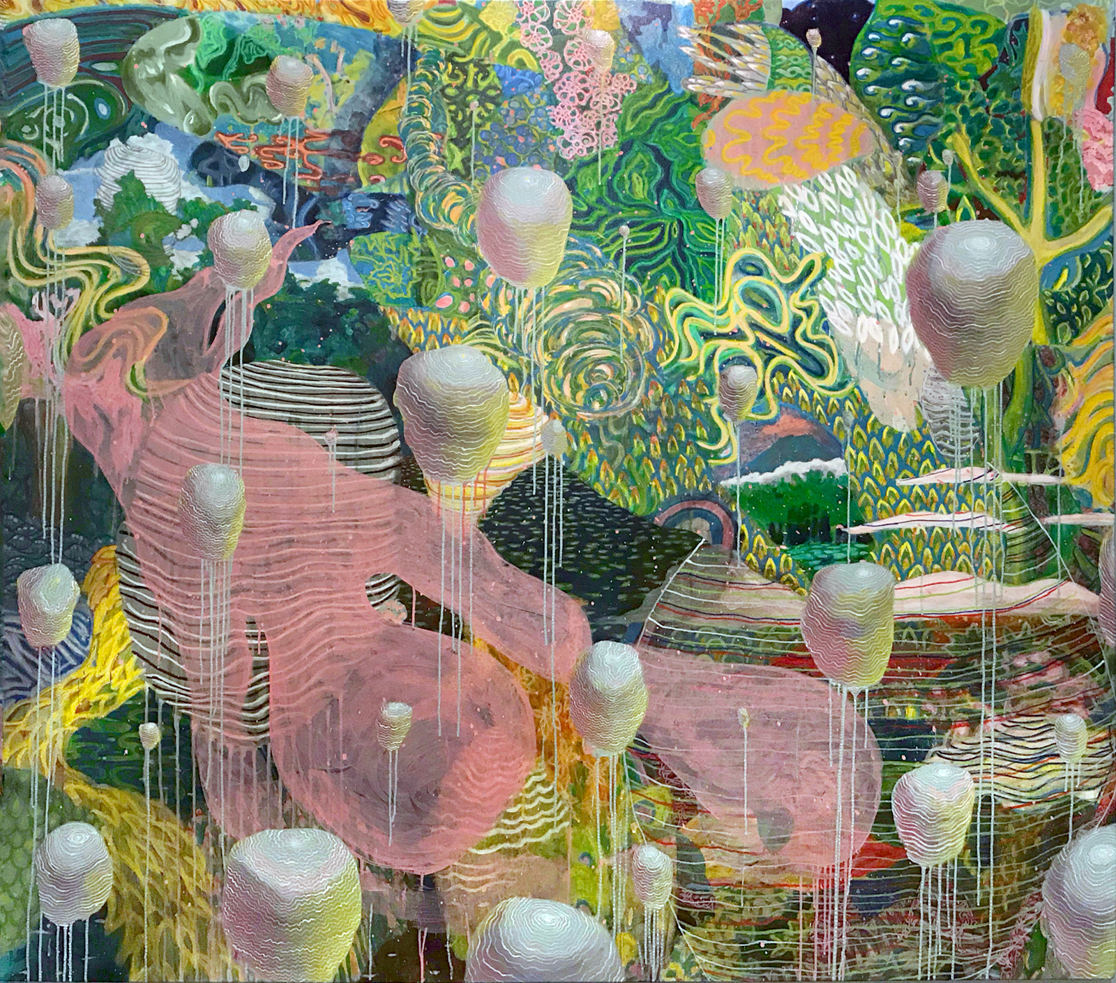 Jesse Miller, Mimpi Hutan (Dream Jungle), 2018 Acrylic, UV resistant Varnish, Gesso, on canvas 66 x 76 in. $4,500