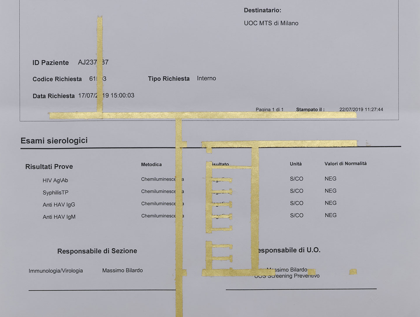 Massimo Vaschetto, Test I, detail, 2019. Gold leaf on paper, frame, 29,7 x 21 cm (sheet), 37,6 x 29 cm (with frame)