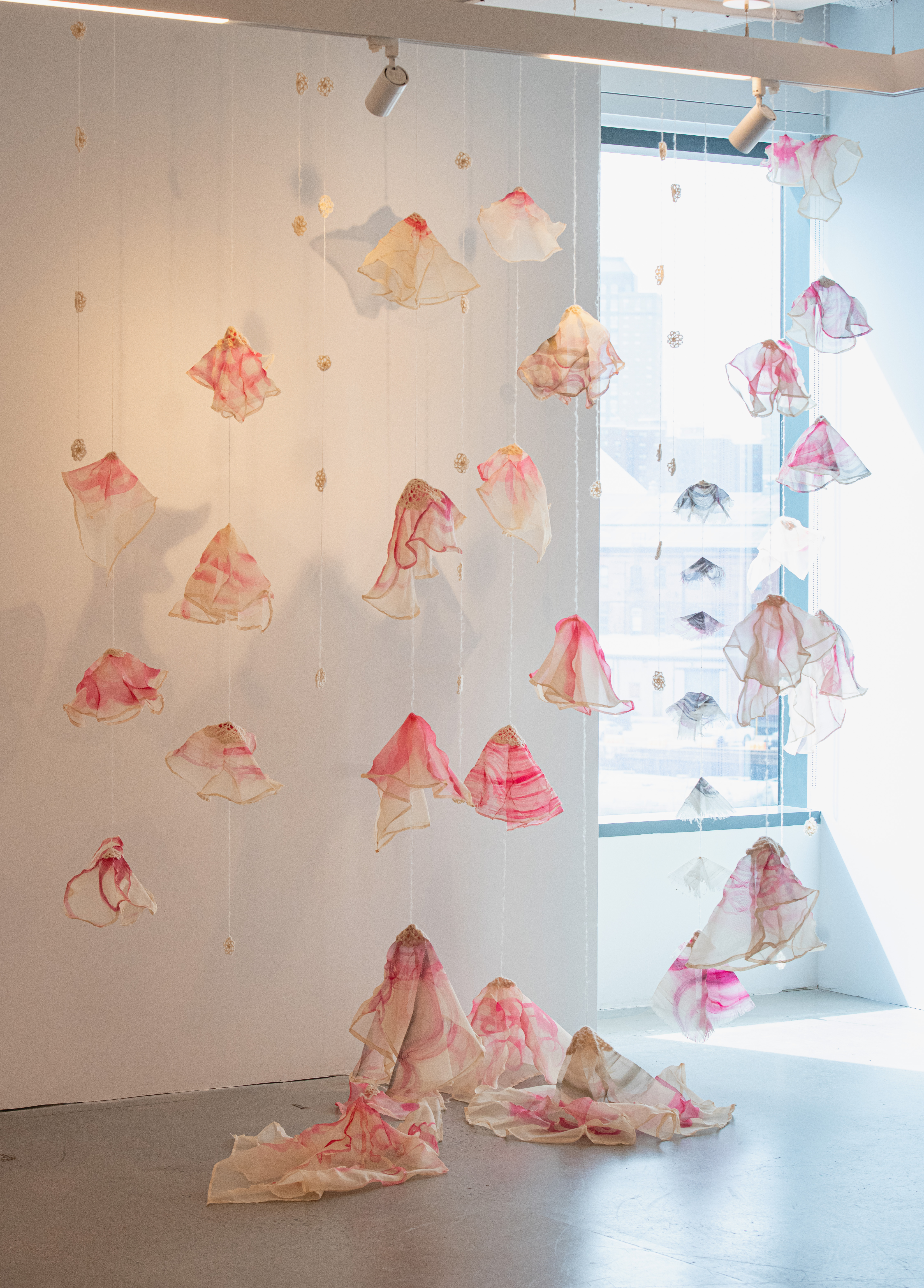 Blooming, 2025, Korean pigment on organza silk, stitching, crocheting and installation, Dimensions variable