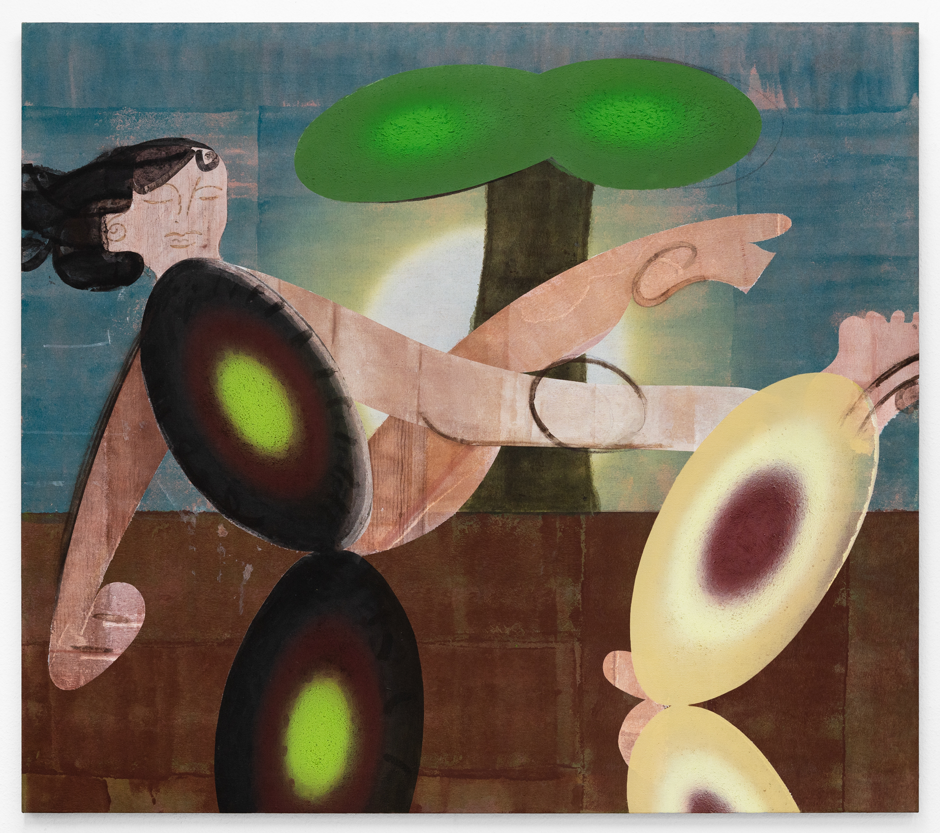 Two Dancers in Front of a Heavy Tree, 2024 Acrylic, pigment and aquarellable pencil on linen 150 x 170 cm