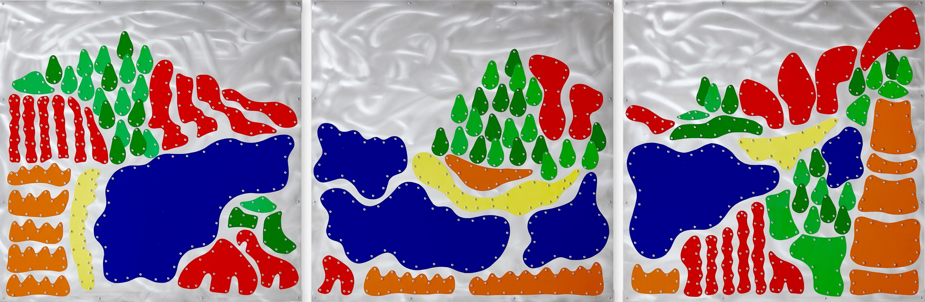 Mystic Harbour, Aluminium, acier pr&eacute;laqu&eacute;, rivets aveugles, Triptyque 100x100x4cm x3, 2026.