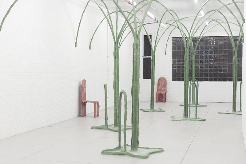 Drip Dry Eyes, 2016, concrete, pigment, burlap, pvc pipes, glass, construction steel mesh