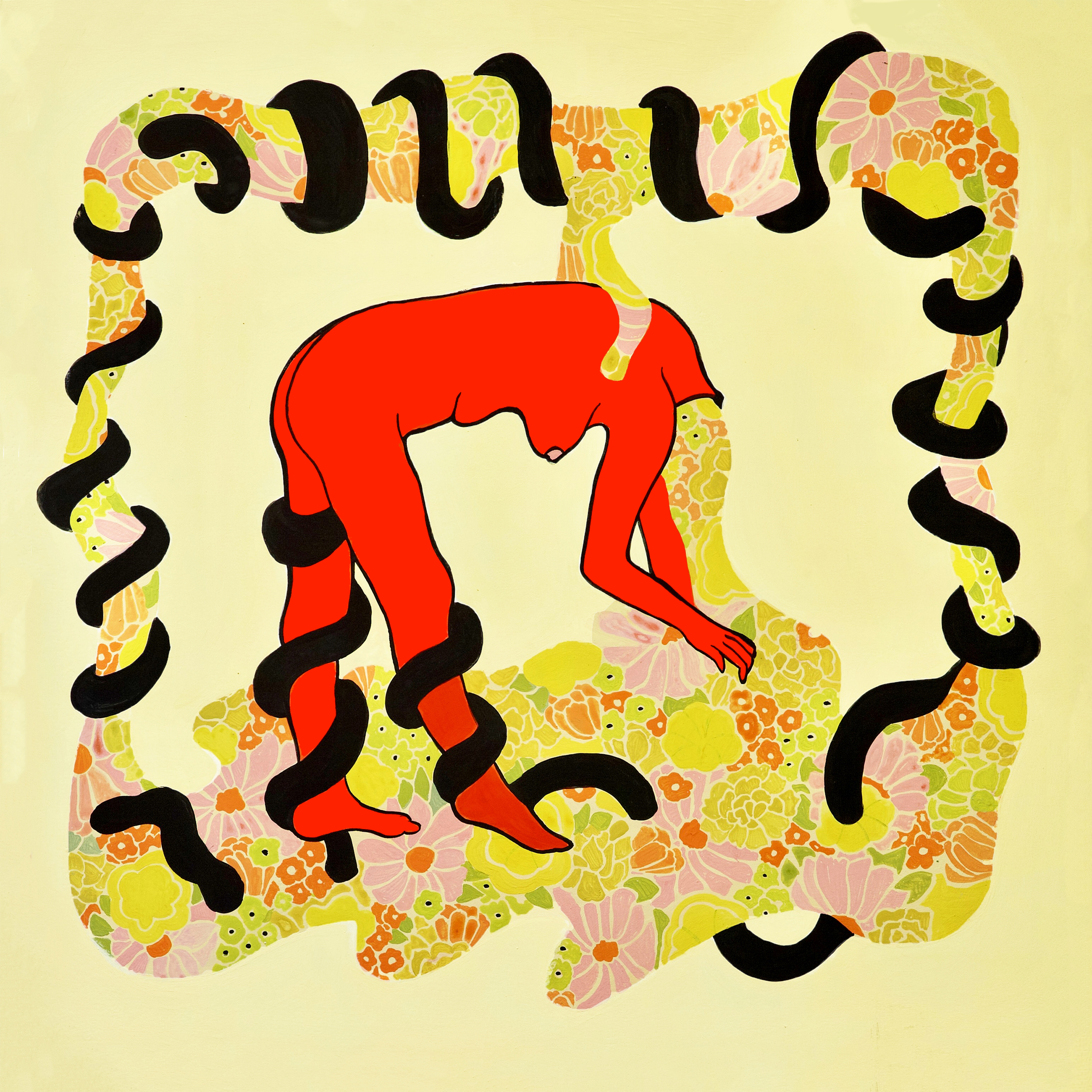 Unwound, acrylic, gouache on wood panel, 11” x 11”, 2018 