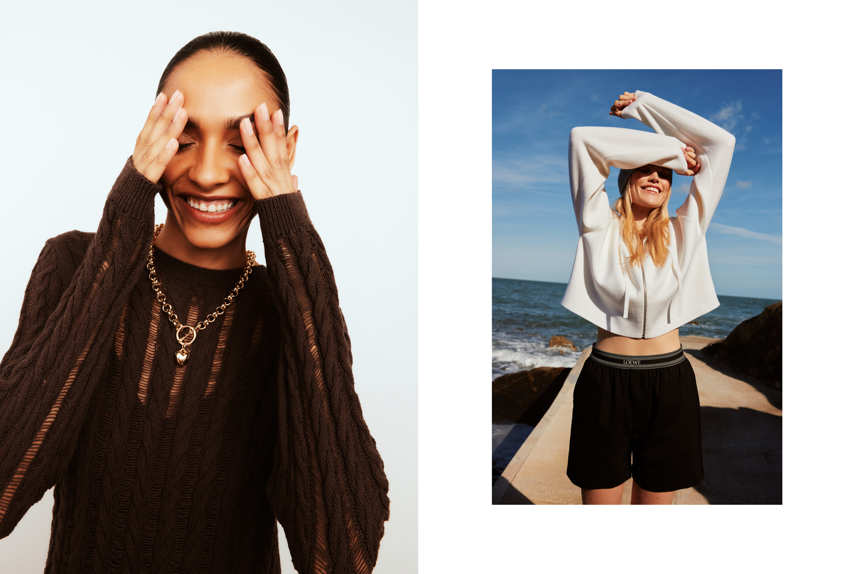 Fashion photos of models laughing in studio and by sea photographed by Dublin based lifestyle, fashion, and advertising photographer Alex Sheridan for