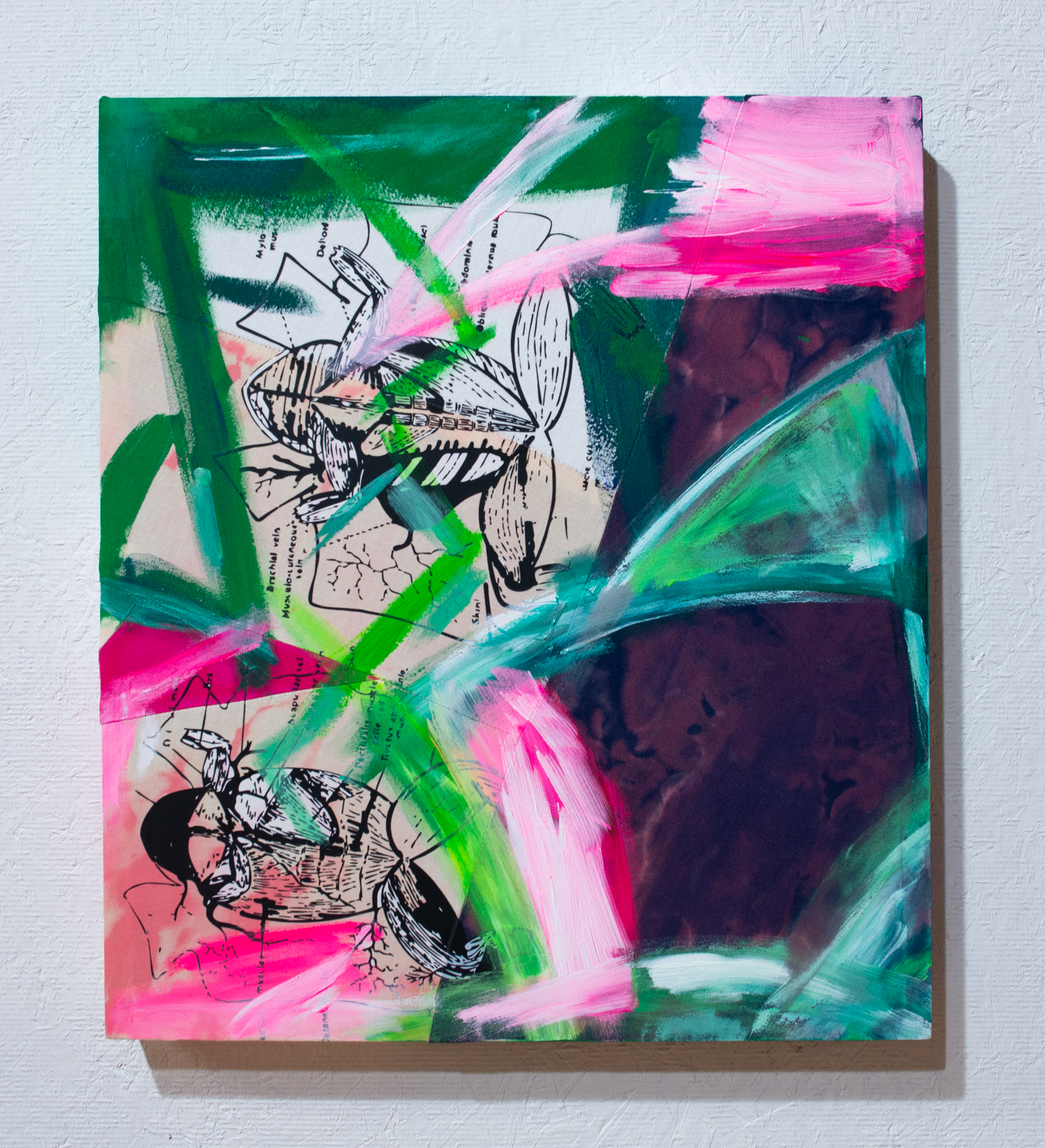 Incision. 2025. T-shirt transfer and acrylic on bleached and patchworked fabrics. 14" by 16". 