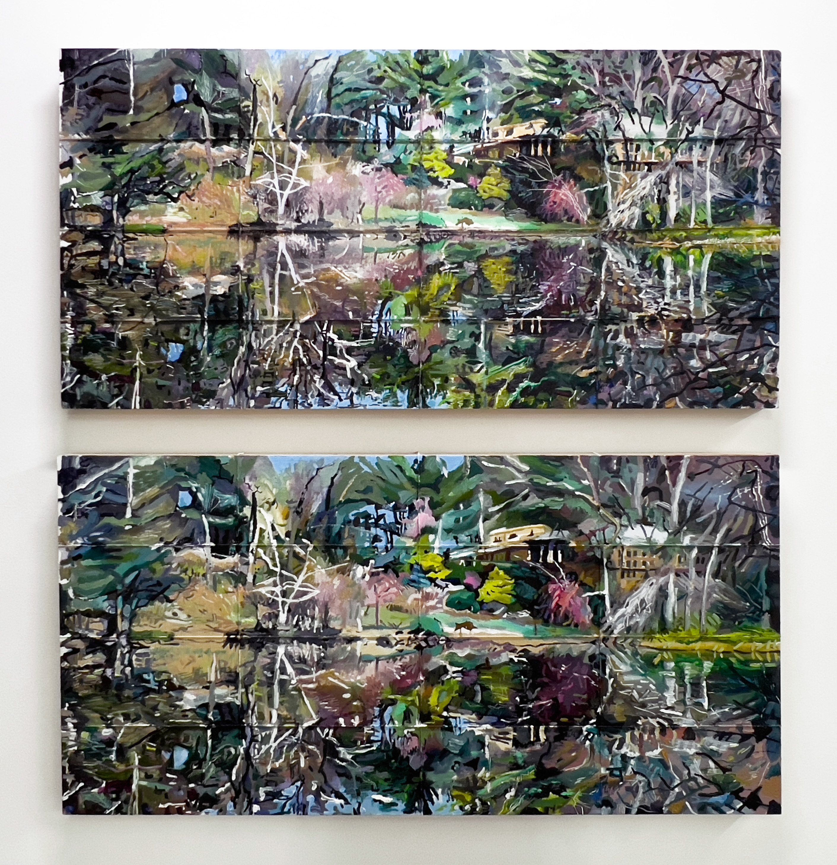TWIN PONDS I + II, oil paint, yarn on panel, 48 x 51”