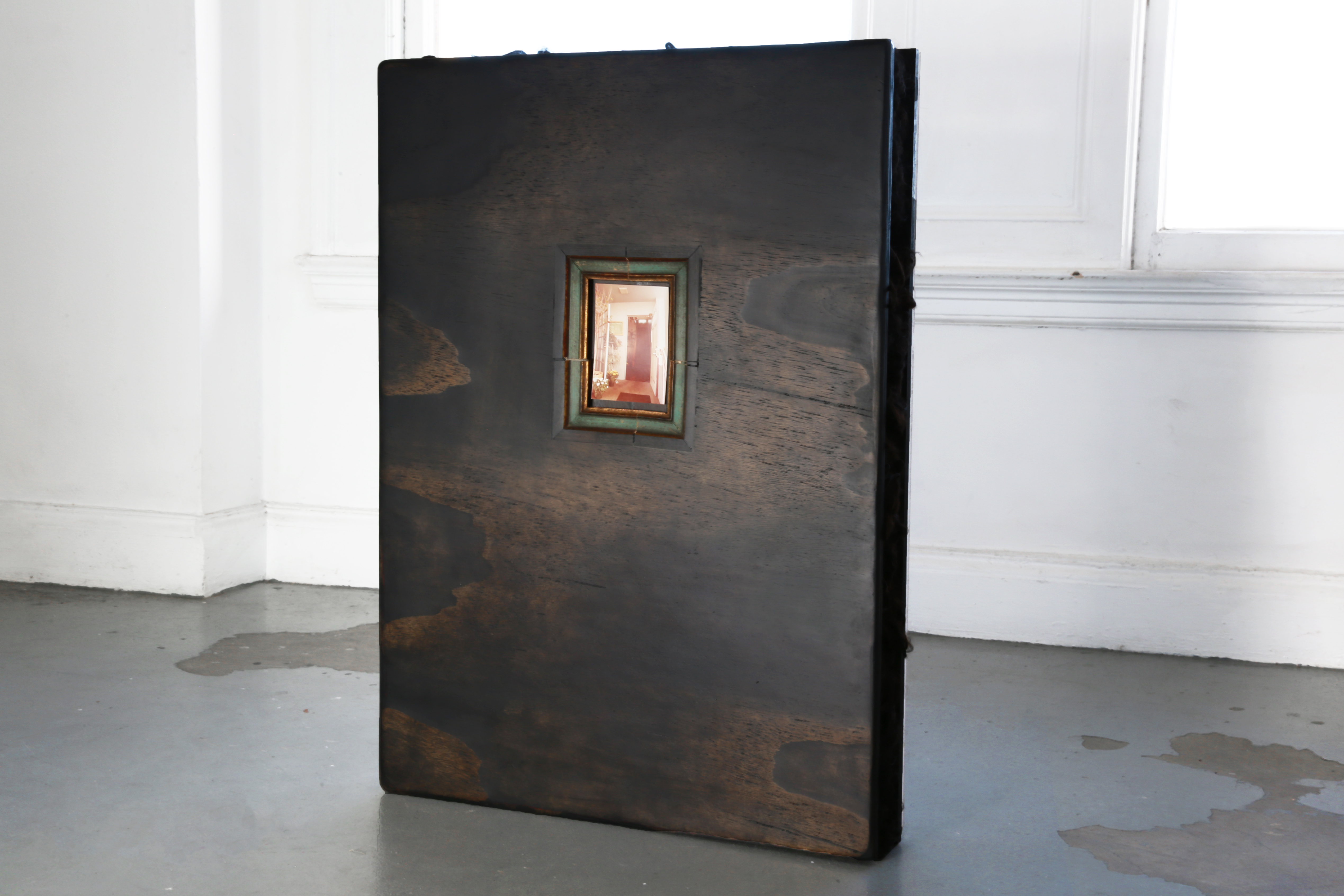 Bradley Kranz: Lives in NY, Works in Cincinnati, 2024. Wood, wax, photo, wool, drywall, wire, paint 33x24x4 inches. Courtesy Gaylord Fine Arts.