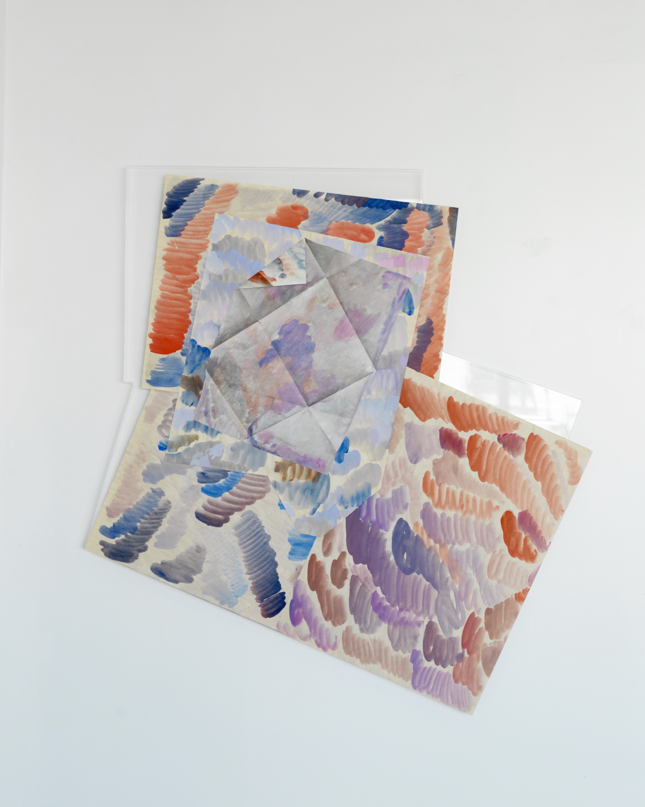 Untitled, 2019, gouache mixed with hormones painted on both sides of newsprint, mounted on acrylic glass, approx. 44“ x 41”