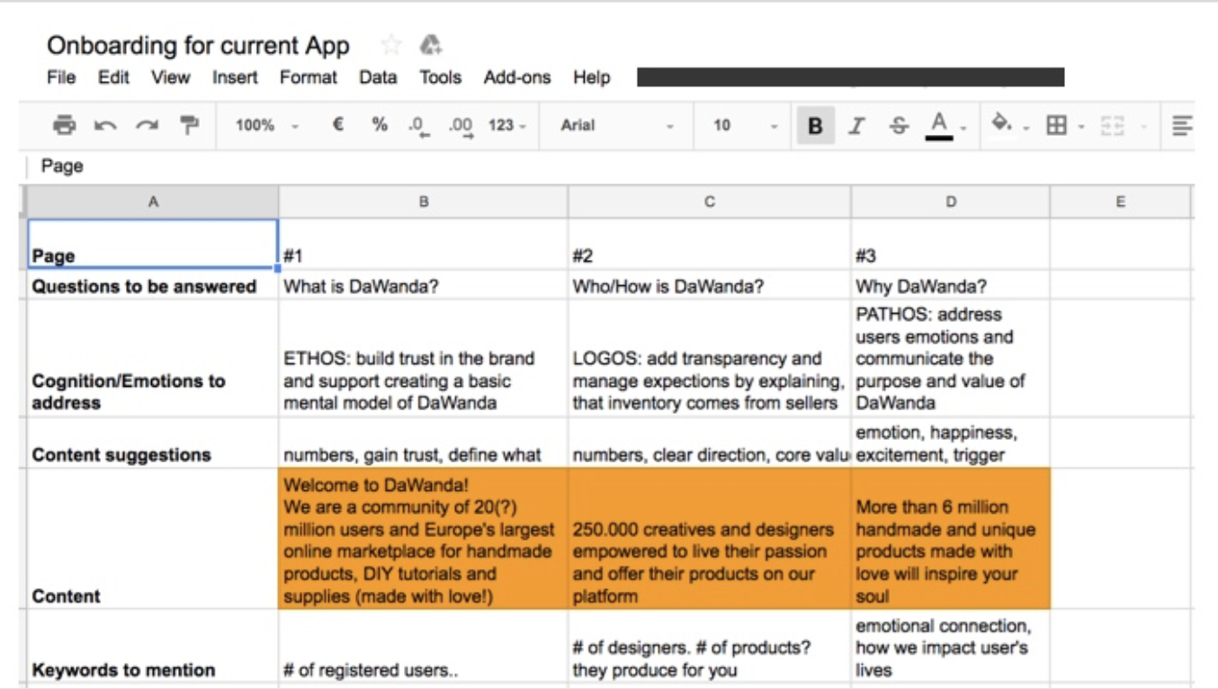 screenshot from sheets about onboarding content