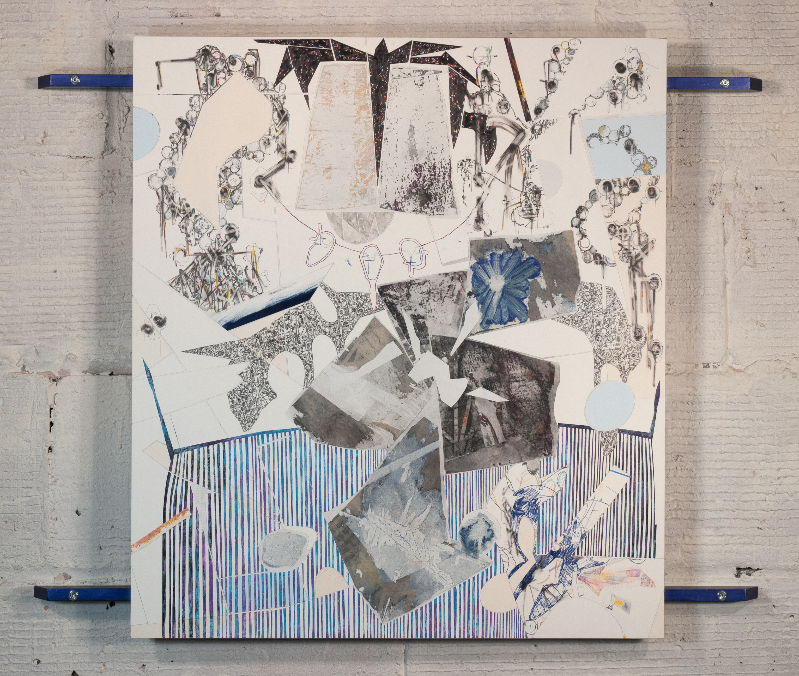 a northern reduction  Ink, graphite, colored pencil, oil pastel, pigmented wax medium and carbon transfer on paper - mounted on panel. Pigmented stain on wood. 2020 - 37 x 46 x 2