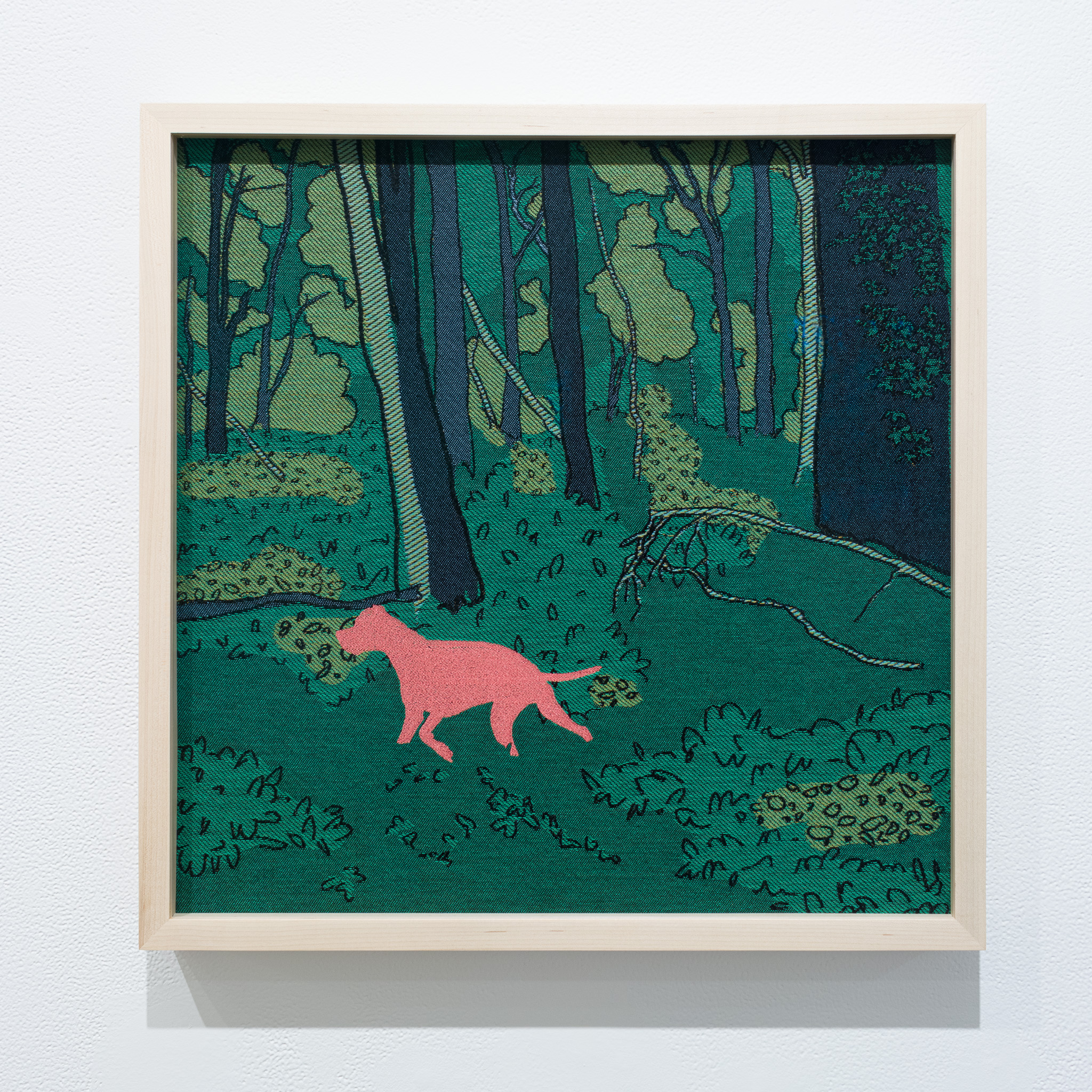 Meeting Site: Glade, 2023, 20" x 20", Jacquard woven cotton and rayon with cotton embroidery