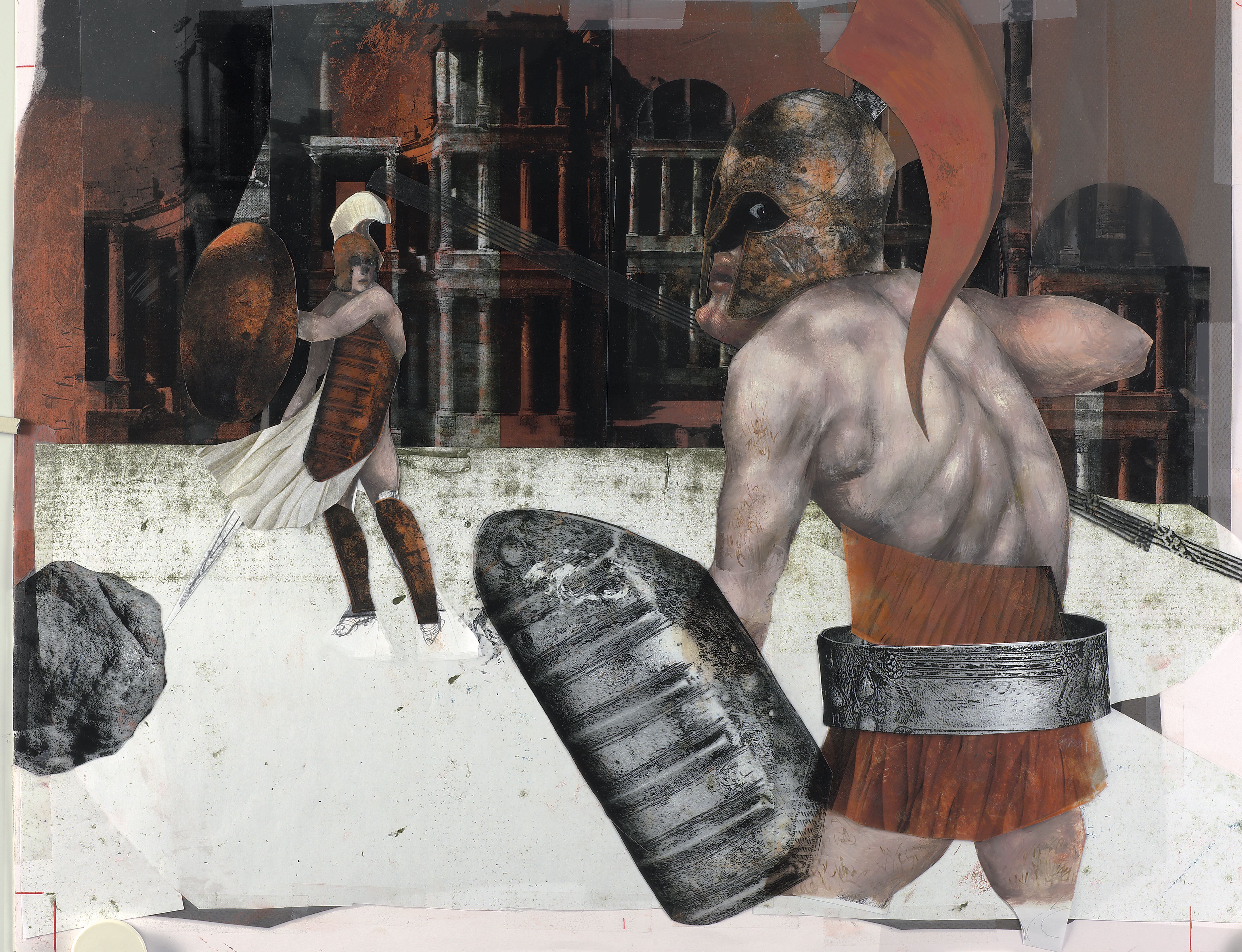 Paris and MenelaosOil paint on paper, collage with photo material, 50 x 60cmSerie: The Legend of Troy's Fall/Text: Franz FühmannPublisher: Hinstorff Verlag, Rostock, 2011