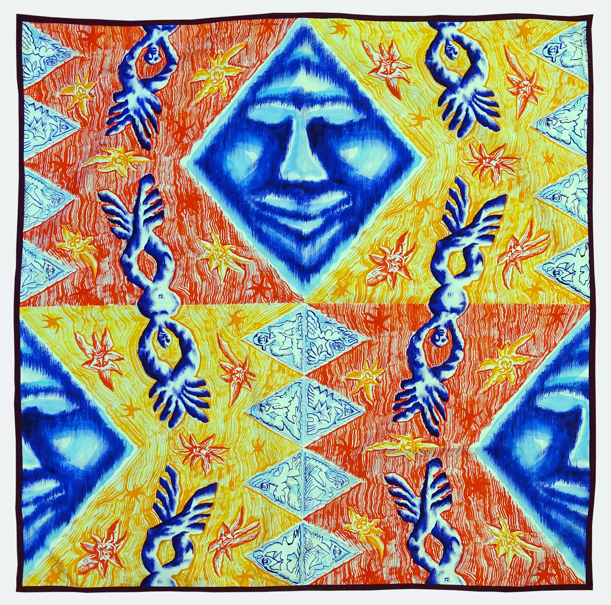 TXAKURRA CARPETinkjet print on fabric with hand-sewn borders, produced by Word Out Editions in collaboration with Ratti Fabrics, 135x135cm, 2022 · info