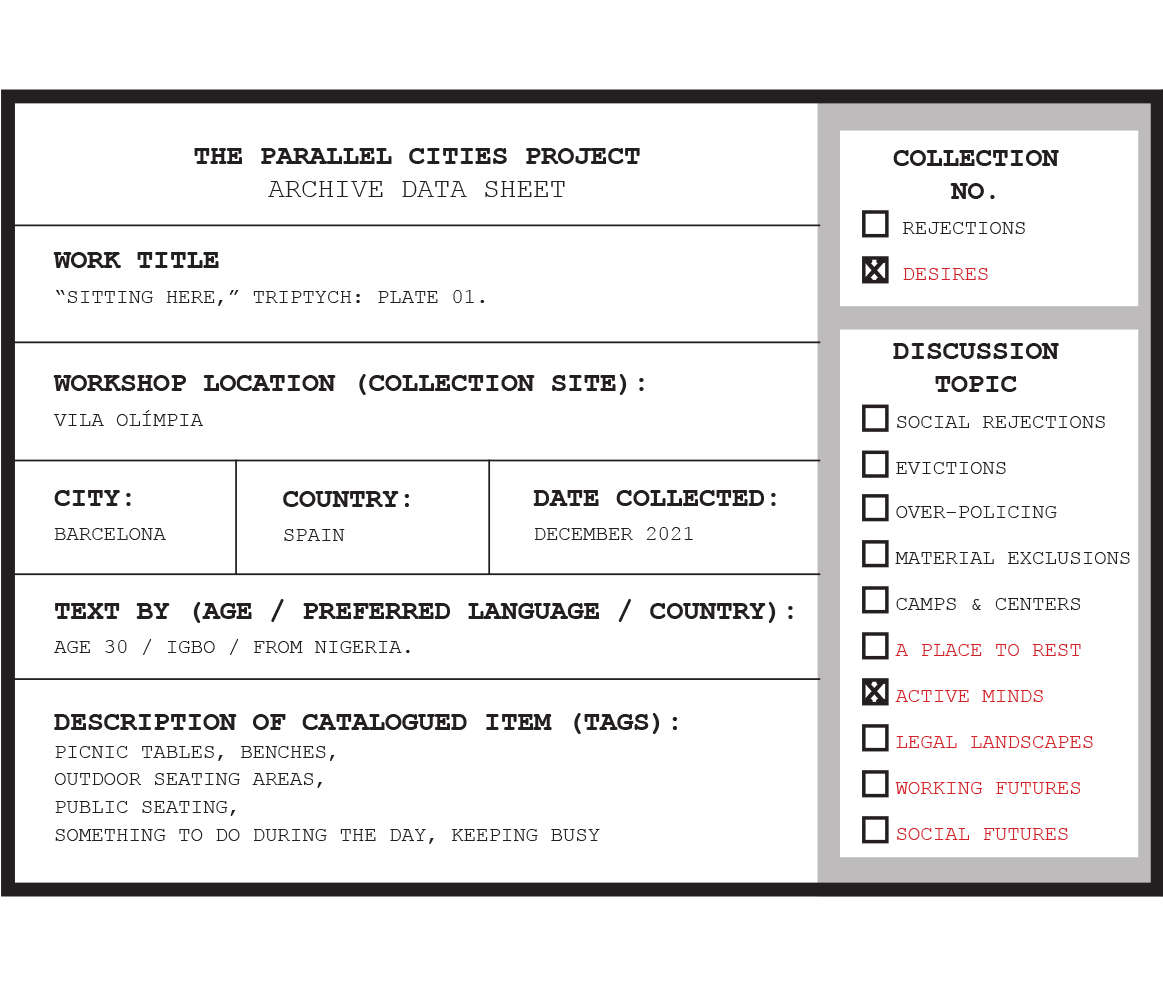 Archival tag for triptych, plate 01, COLLECTION 02: Desires // Chapter 02.1 "Active Minds.” Workshop in Vila Olímpica, Barcelona ES. 