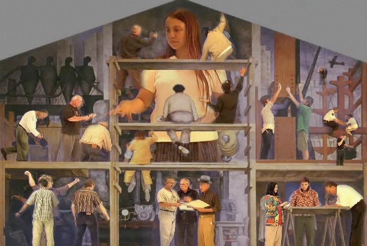 One of the first students in this program was Ben Wood (BFA, 2003), who would go on to study at MIT. His stereoscopic video installation Restoration: Restoring Diego Rivera’s San Francisco Art Institute Mural (2002) was projected opposite Rivera’s The Making of a Fresco Showing the Building of a City. This video homage to Rivera features faculty and staff, along with a rotating student as the central figure (replacing Rivera’s heroic blue-collar laborer), illustrative of the “importance of maintaining a focus to educate and work together.”