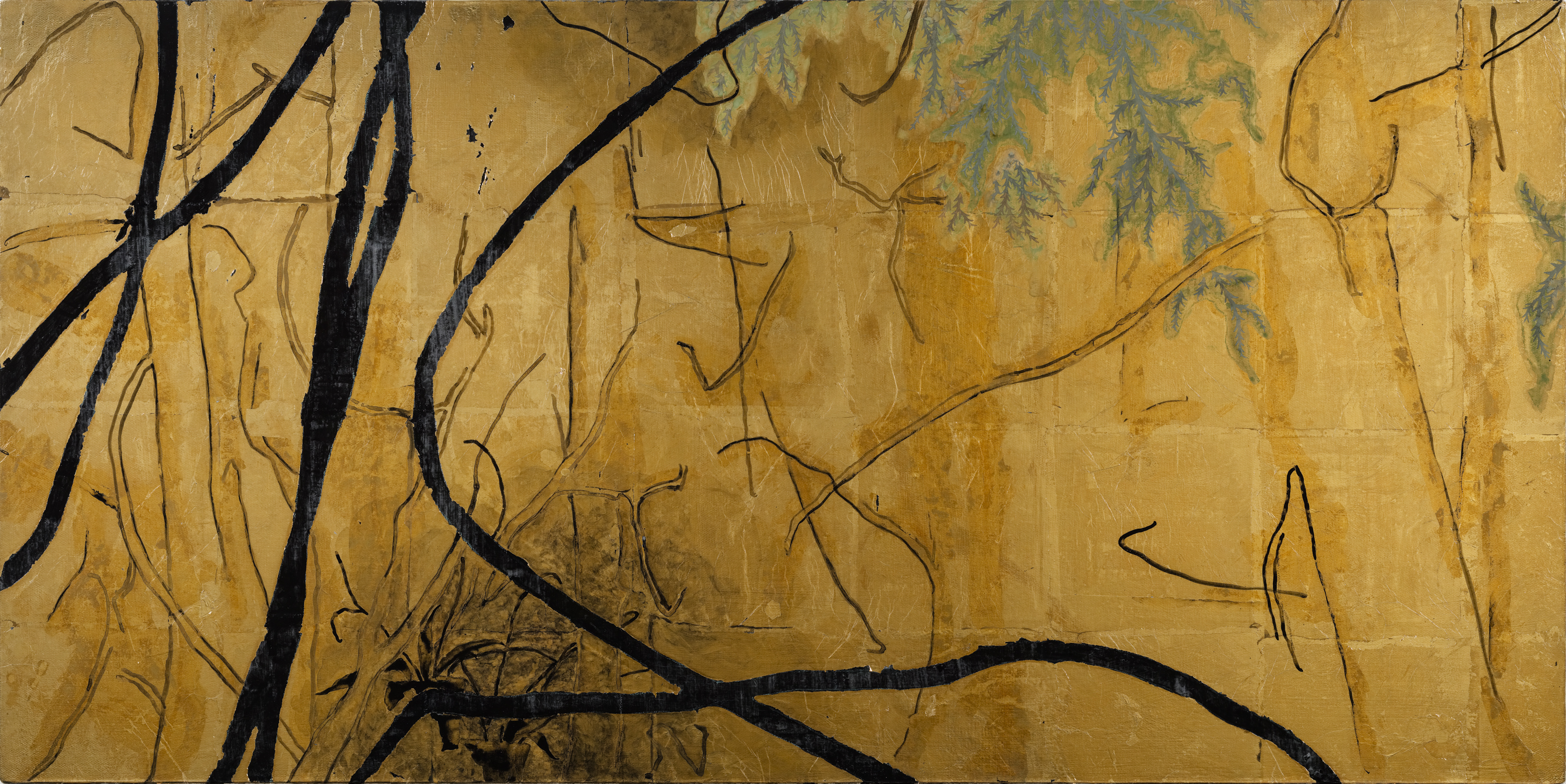 Chaos#5, 2020, mineral pigment, ink, metal foil on canvas, 45x90cm (17.7x35.4 in)