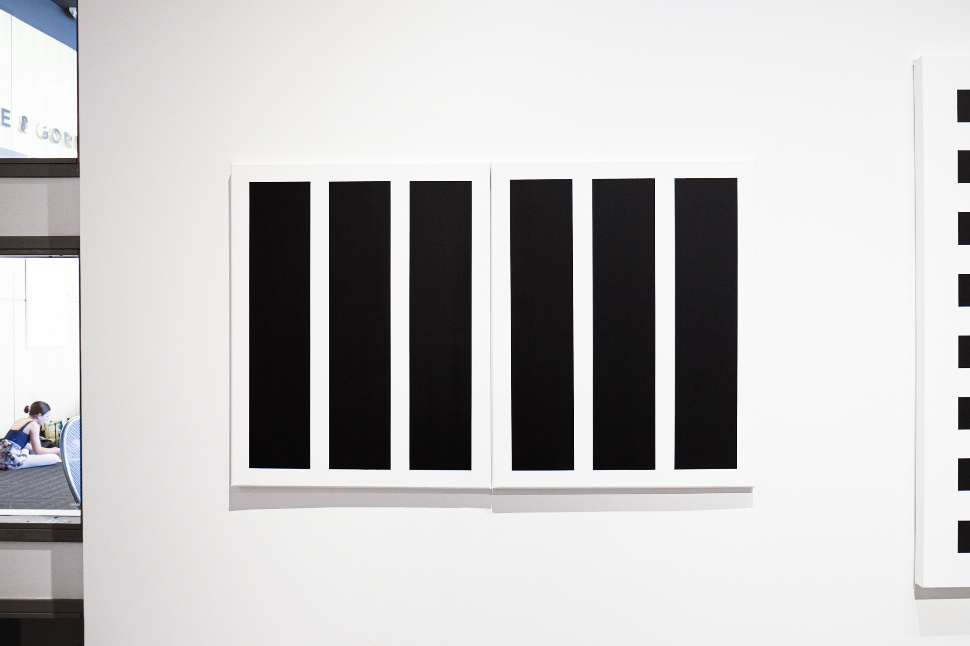 Three Lines 01 (Black) & Three Lines 02 (Black), 2019, Tape and acrylic on canvas, 30 x 48 in, Installation view