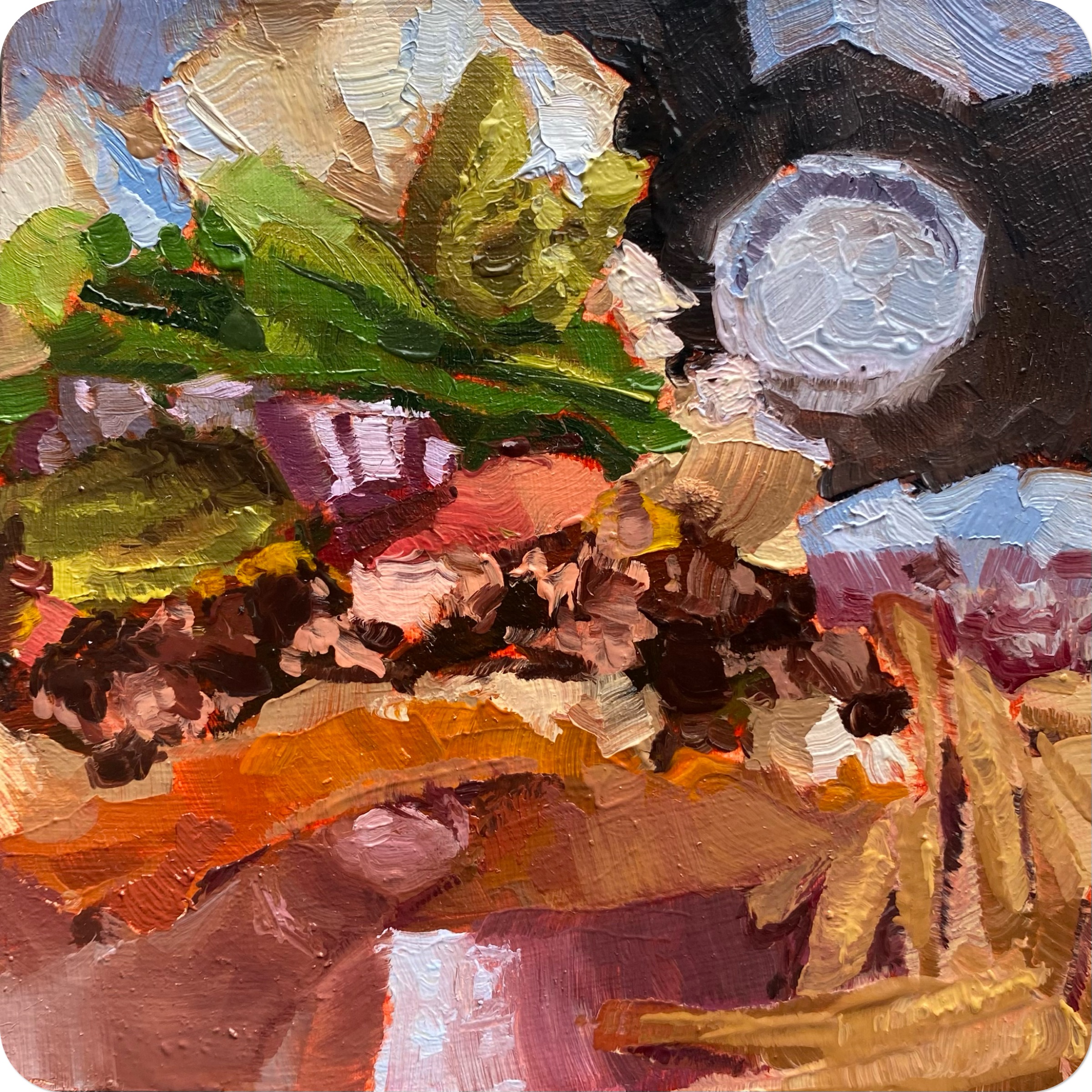 burger basket, 202410 x 10 cm oil on MDF coaster