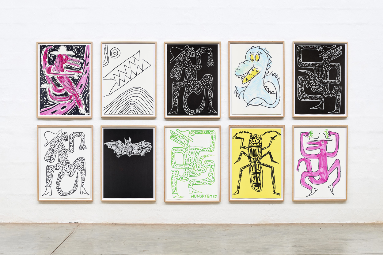 Crocodiles, 2020. ink oil pastel and pencil  on paper. each panel 90cm x 65cm