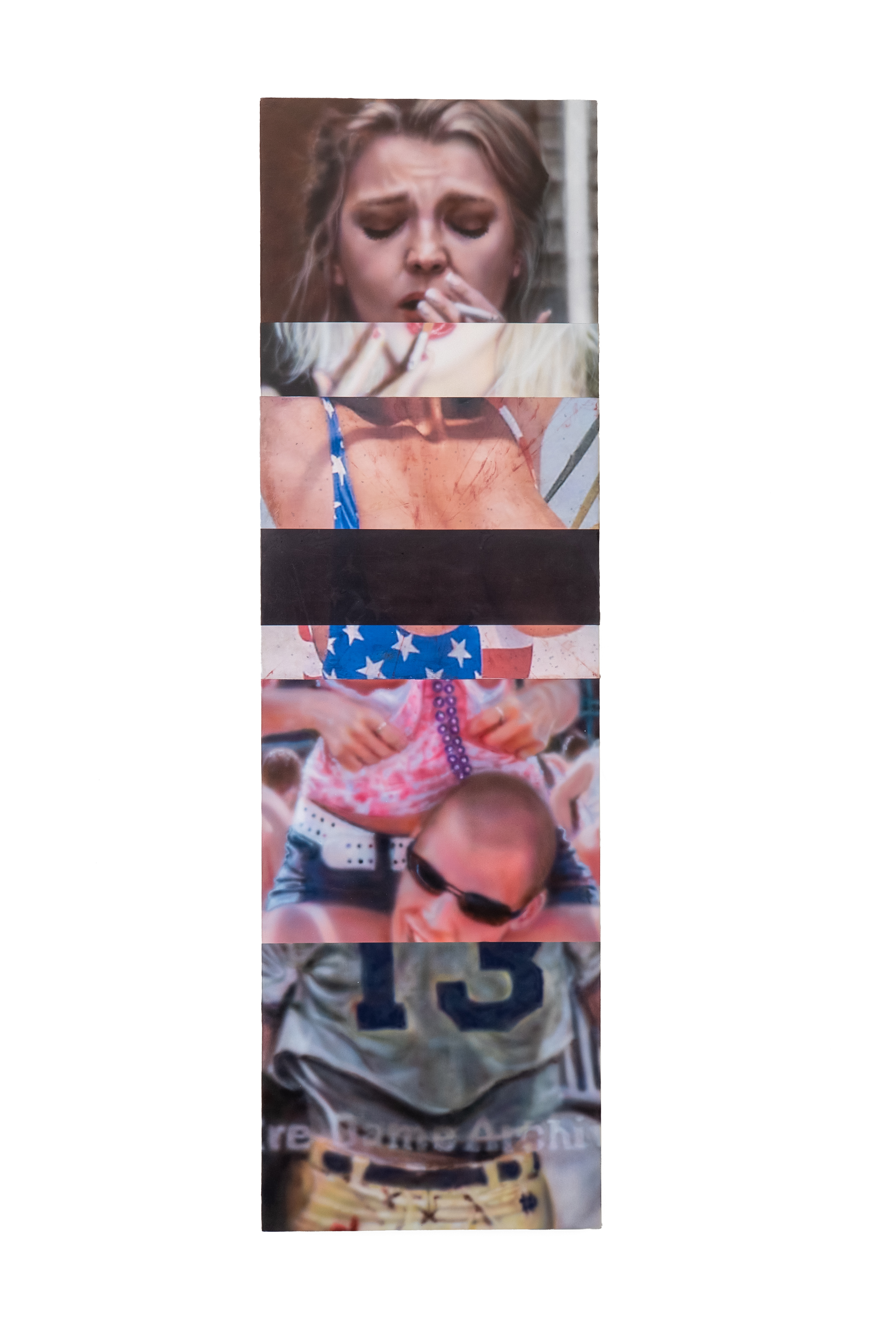 True men like you men, acrylic, pigment transfer, thermochromic Ink, gouache, iridescent ink and glitter on linen, 60 in x 18 in, 2025