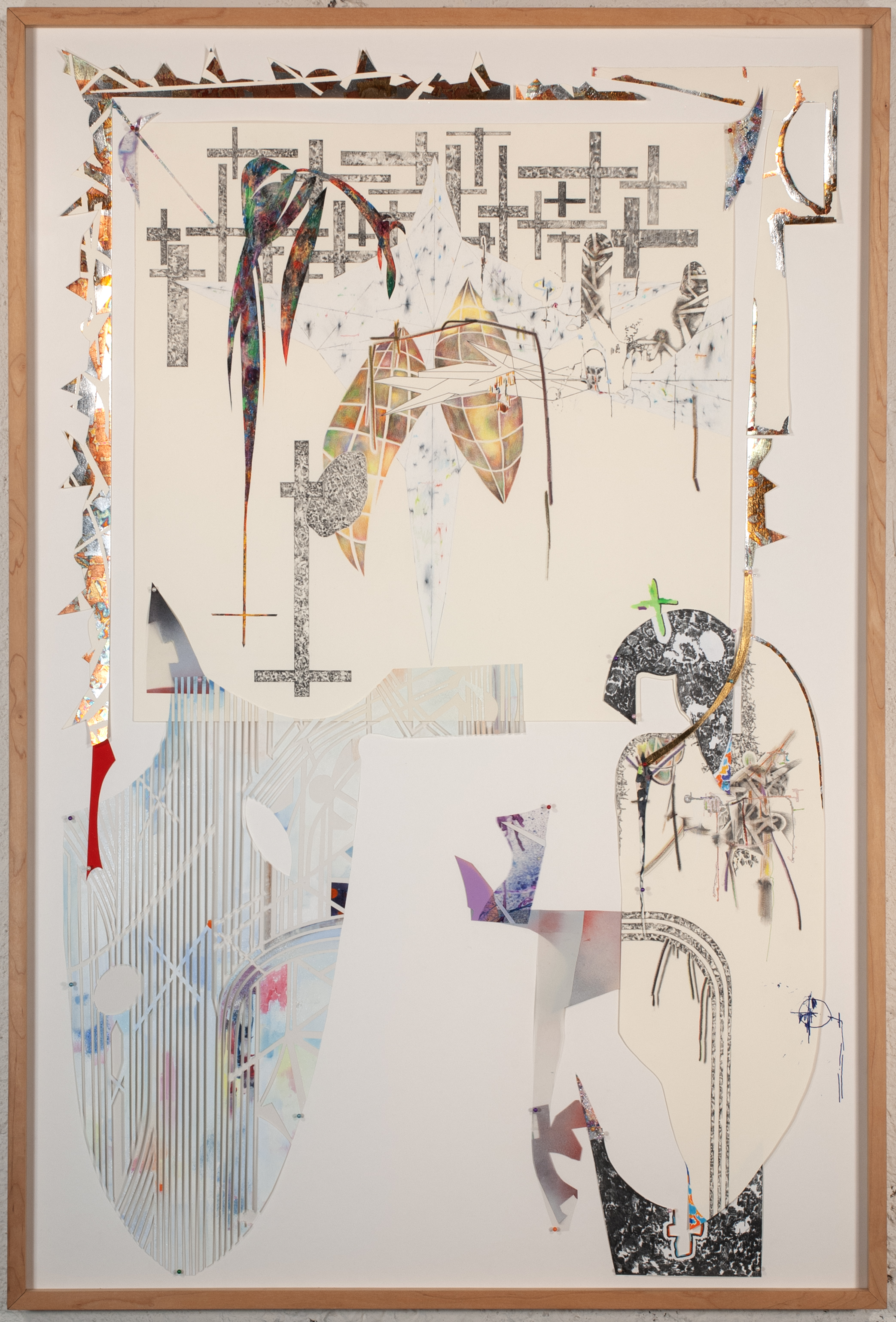 spectacle disorientation (a blue metal / Christman / capsule capture)  Ink, graphite, carbon transfer, colored pencil, aluminum and variegated leaf, oil pastel, mica powder, aerosol and oil paint on paper and acetate. Push pins.  2022 - 47 x 32