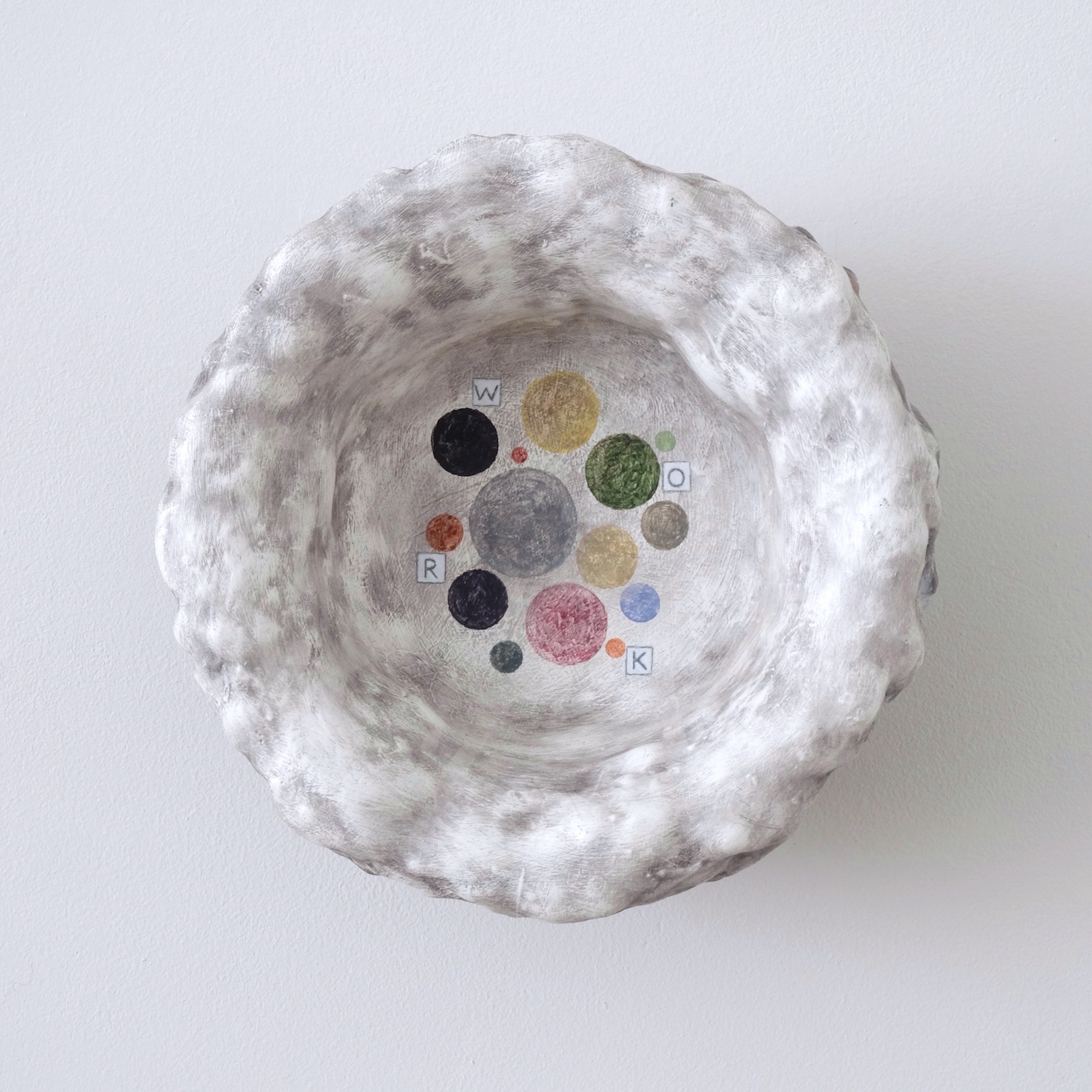 Untitled 2017, acrylic, alkyd, oil and pencil on plastic bowl, 19 x 19 x 9 cm