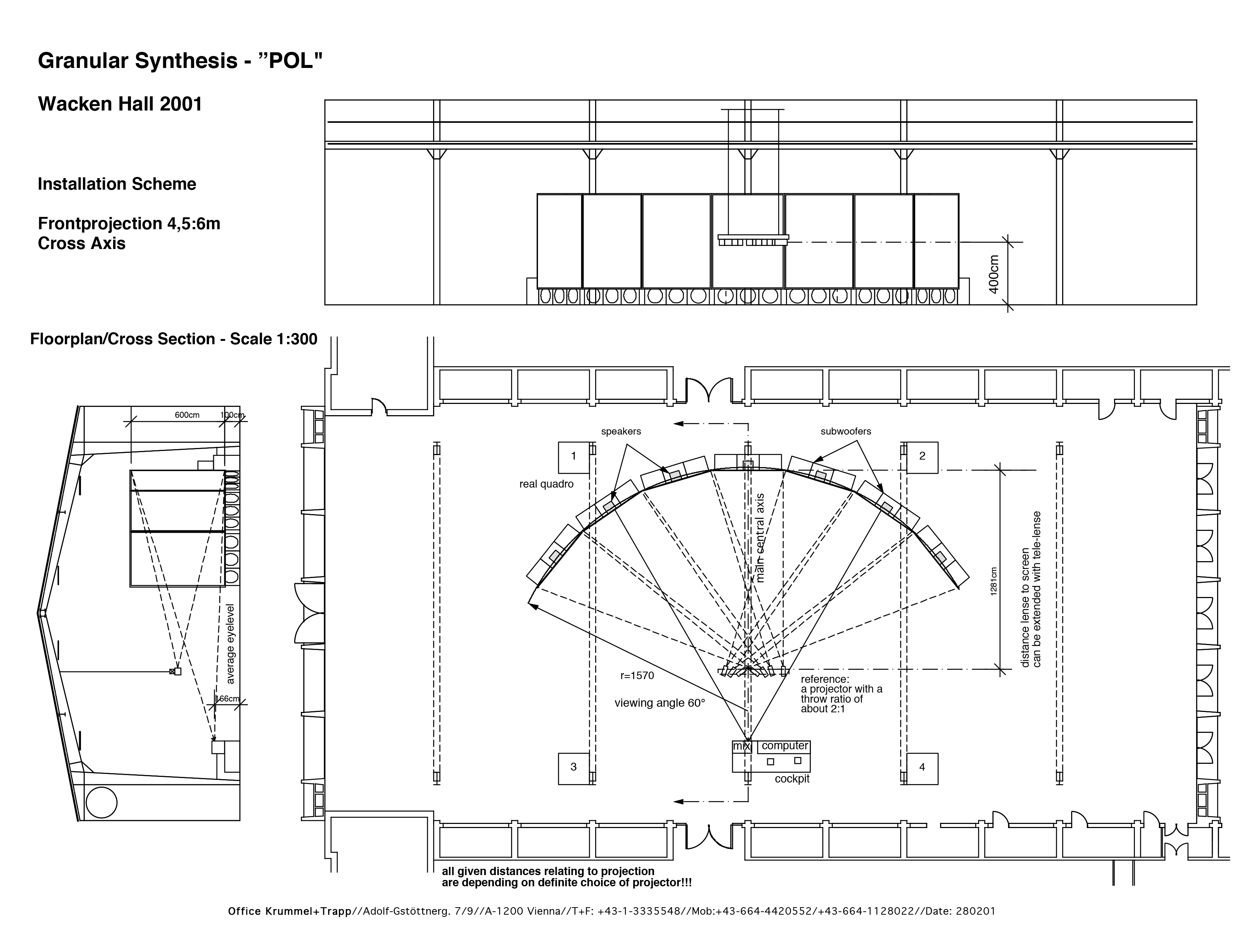 Typical POL setup: 7 portrait screens in arc shape, 8 stack audio in corners low and high, discrete voice speaker per each screen and row of subwoofer bins below screens.