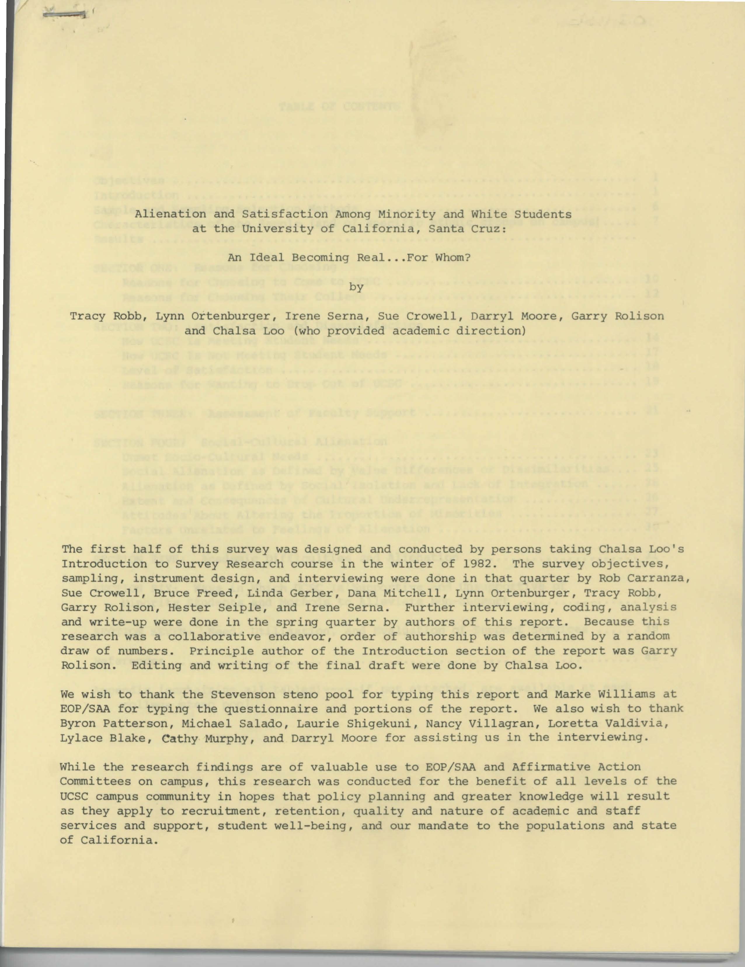 "Alienation and Satisfaction Among Minority and White Students at the University of California, Santa Cruz: An Ideal Becoming Real...For Whom?"