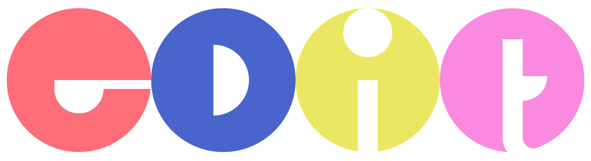 Four colorful circles with shapes inside that form the word edit.