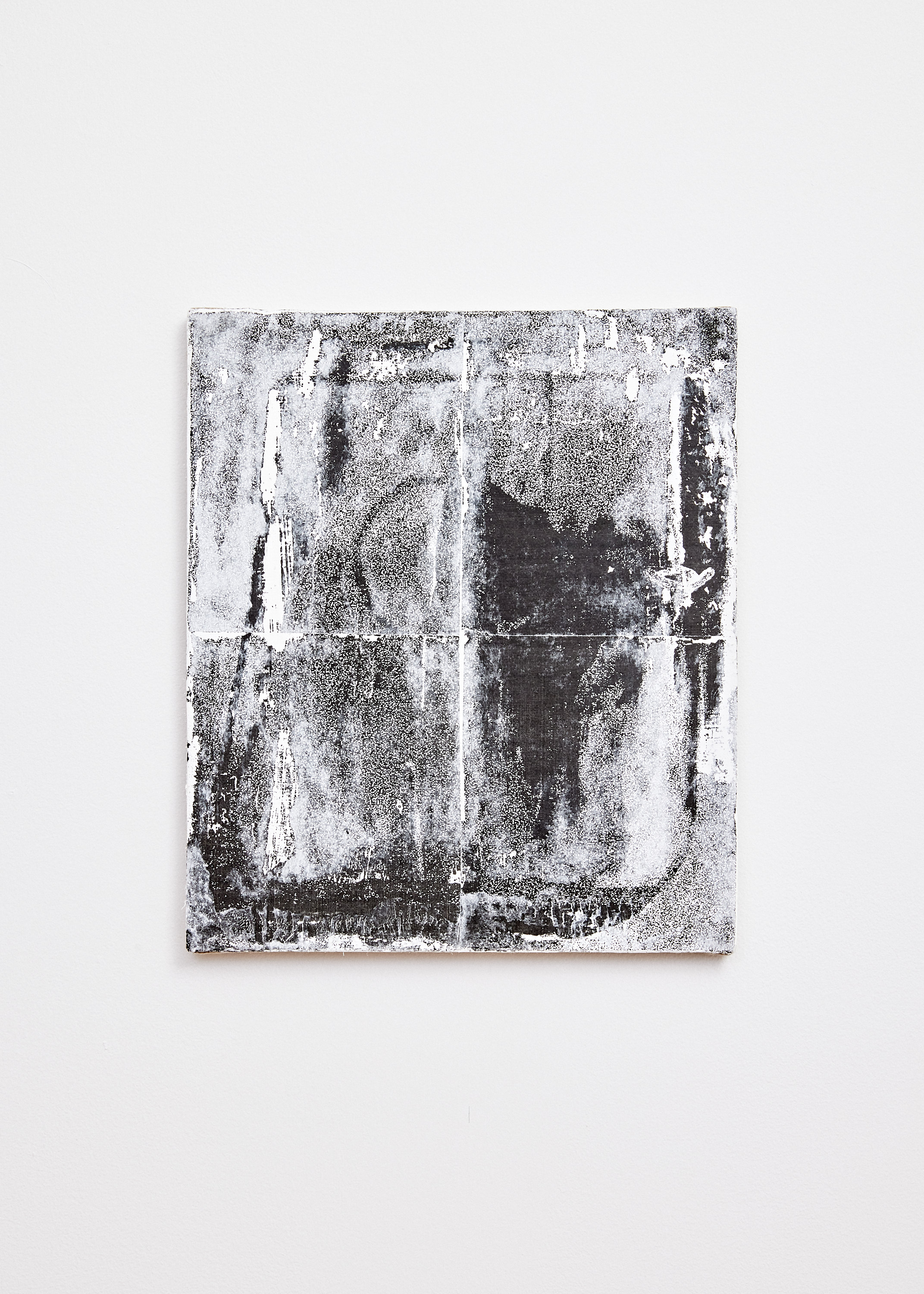 Untitled, 2022 Toner, paper, and acrylic resin on primed linen, 15"x12.5"