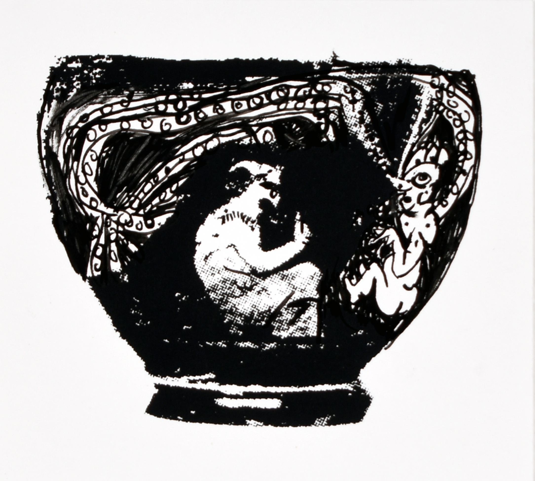 213377 (P.DR.01) A: Owl and Birds In Tree. B: Satyr Catching Birds, Trees, Screenprint and acrylic drawing on paper, 3.75 x 4.25 in., 2024