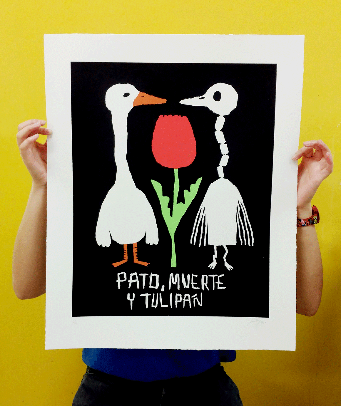Screenprinted poster inspired by Wolf Erlbruch's "Duck, Death and the Tulip"