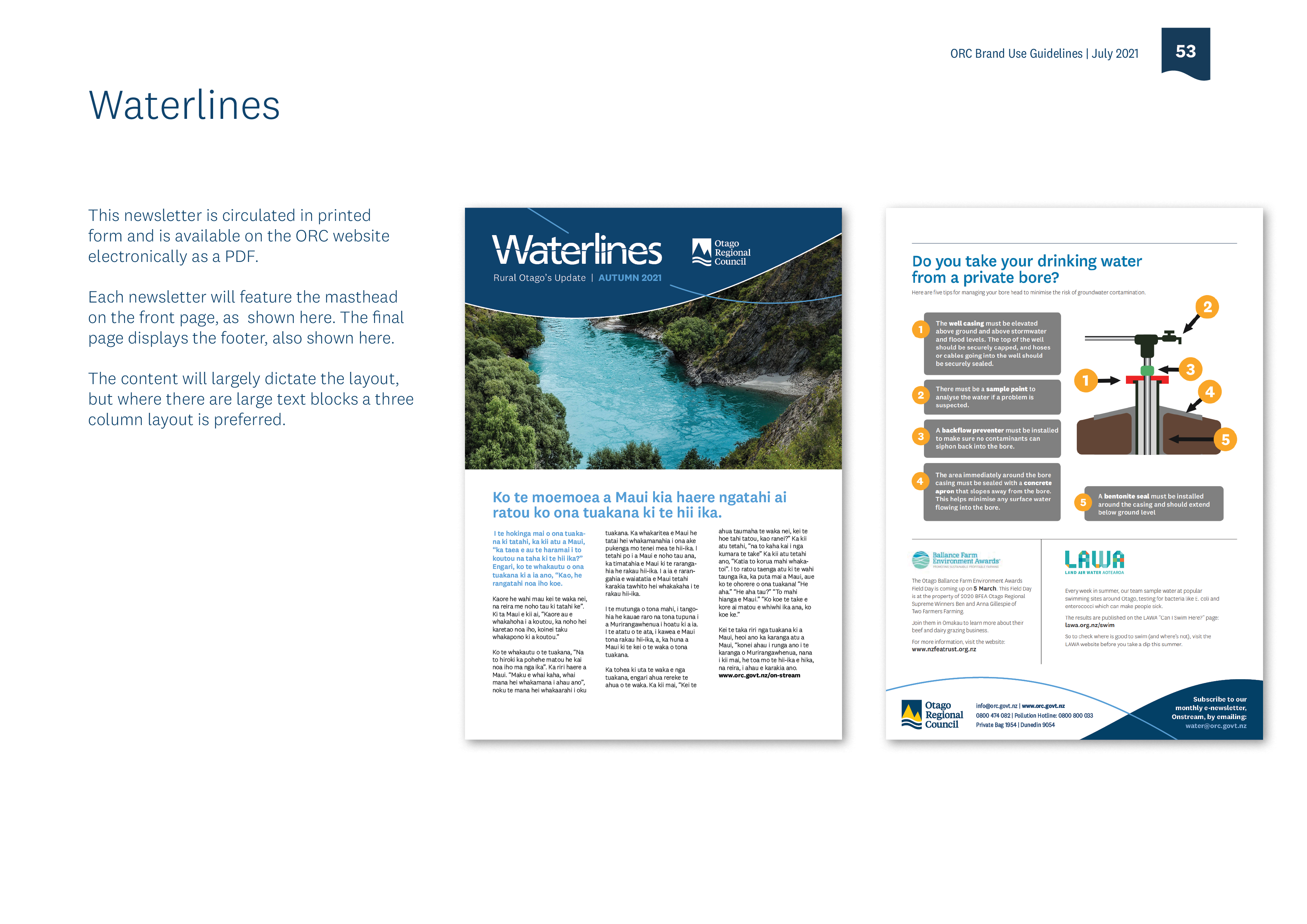 Example of ORC's newsletter 'Waterlines' with new header and footer in new design style.