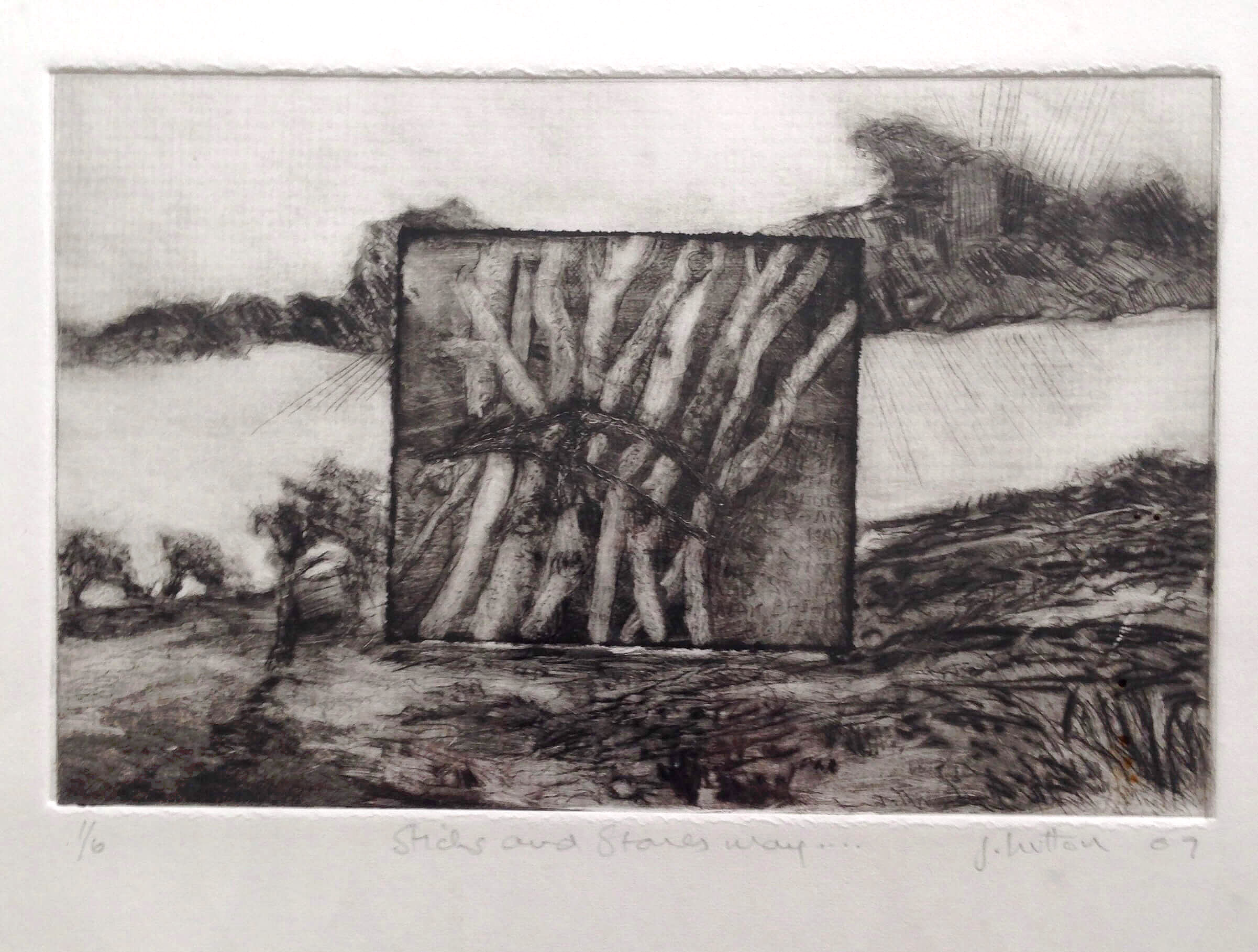 Sticks and Stones III, Dry Point Etching on Paper, 12 x 20 cm. 