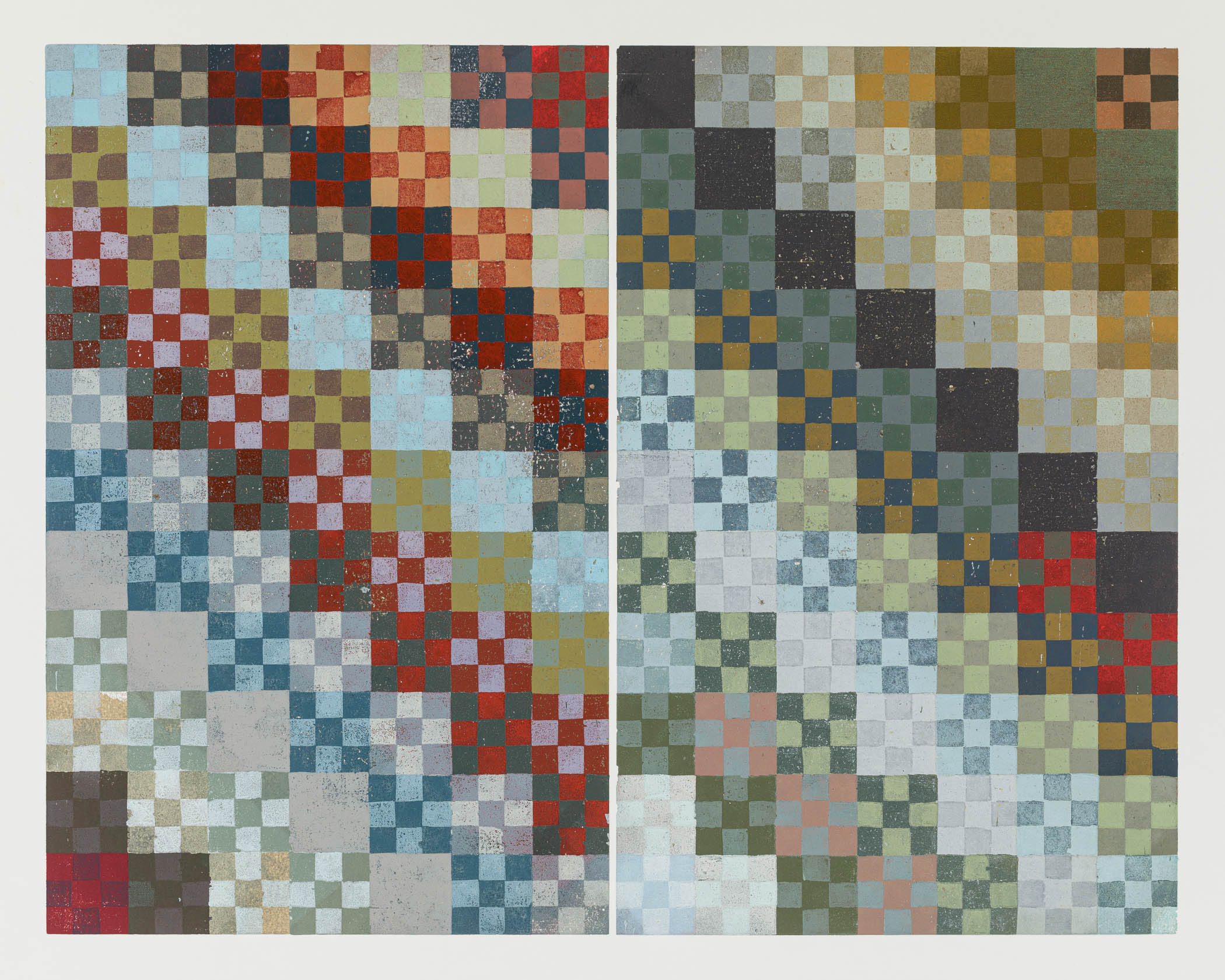 Nine Patch Diptych (A.P. 12), 2021, Relief Reduction Woodcut, 21" x 16.5"