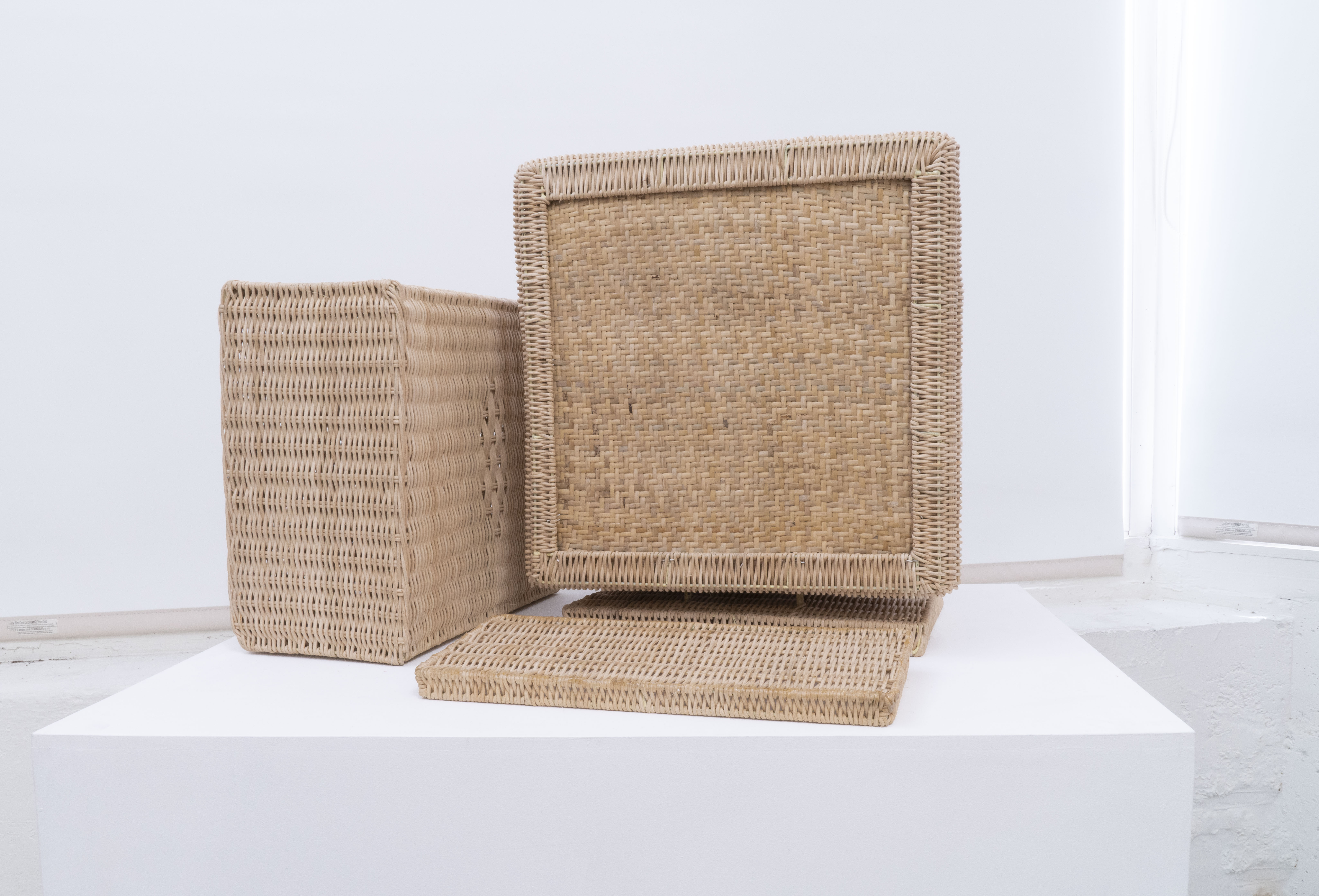 Basket Computer, 2020 wicker and metal tower: 19 x 8 x 19", monitor: 18 x 18 x 18", keyboard: 17 x 6 x 1"