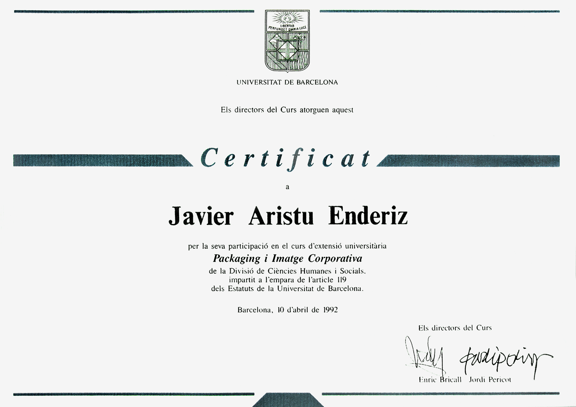 Certificado de participación en un curso de extensión universitaria, Barcelona, 1992