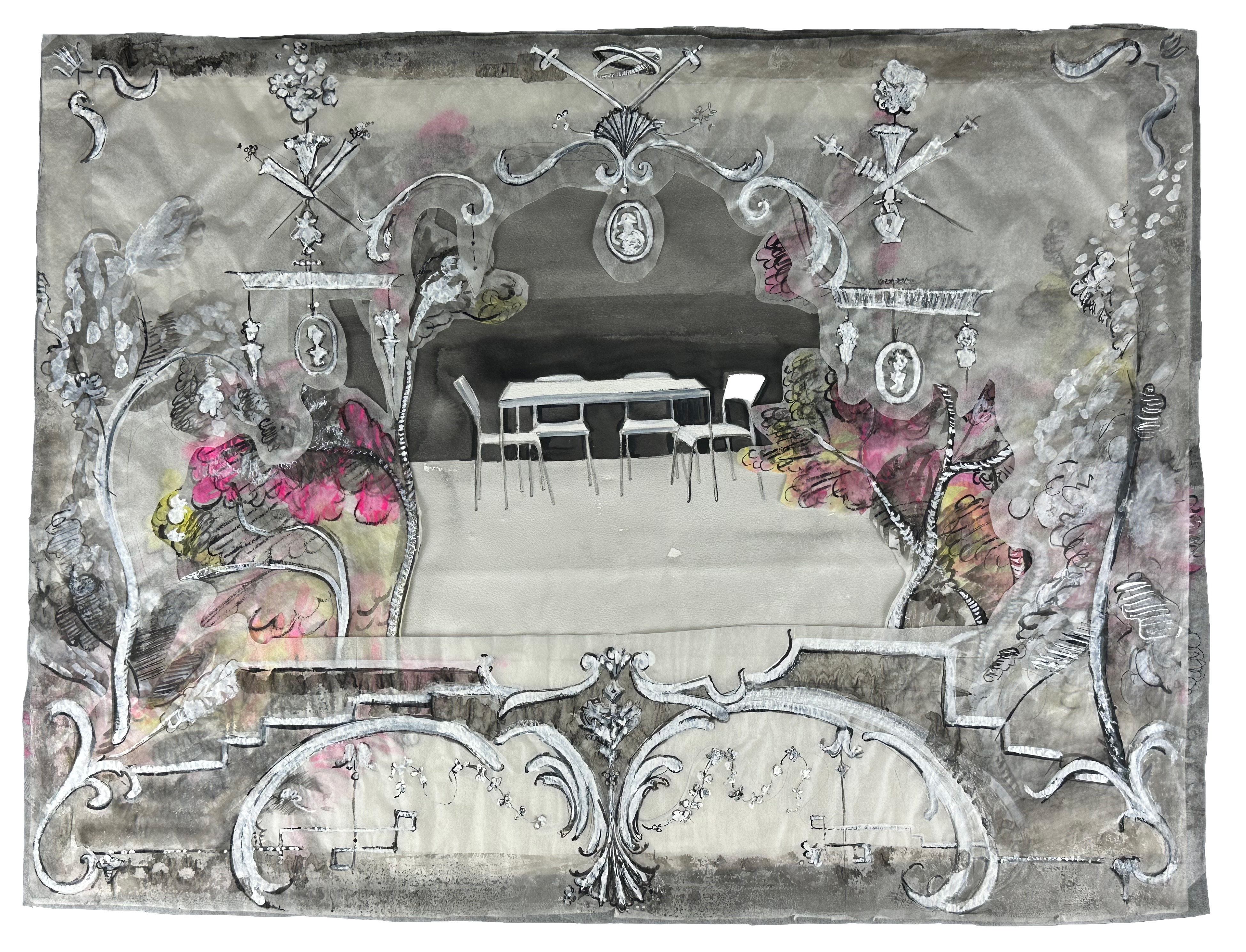 "Two ways of seeing: Dining in Watteau's Forest" watercolor on layered paper, 30 in x 36 in, 2024