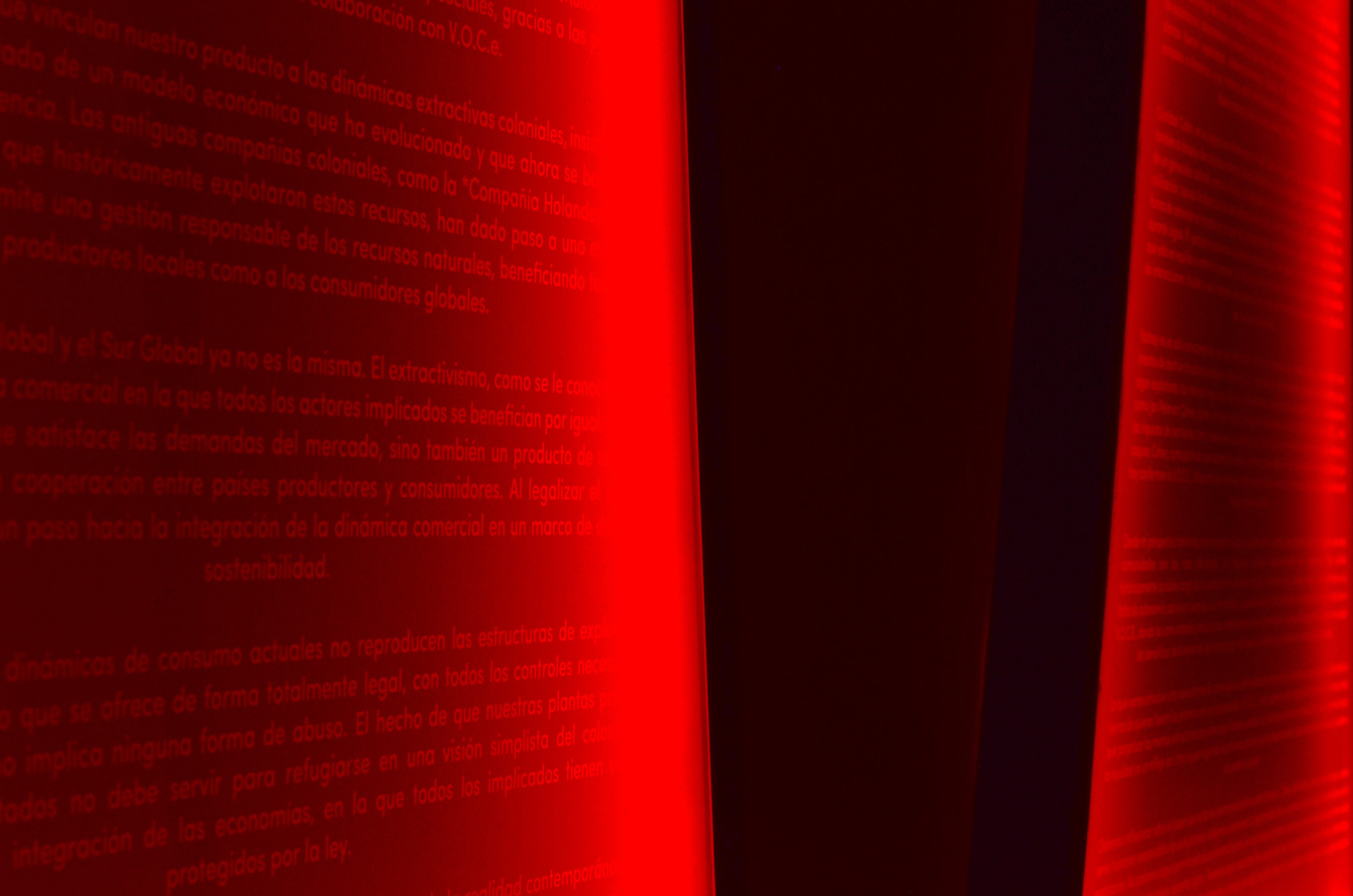 Detail of “statements,” series of four trapezoidal screen printing plates illuminated from behind, 63.5x70cm. 2025