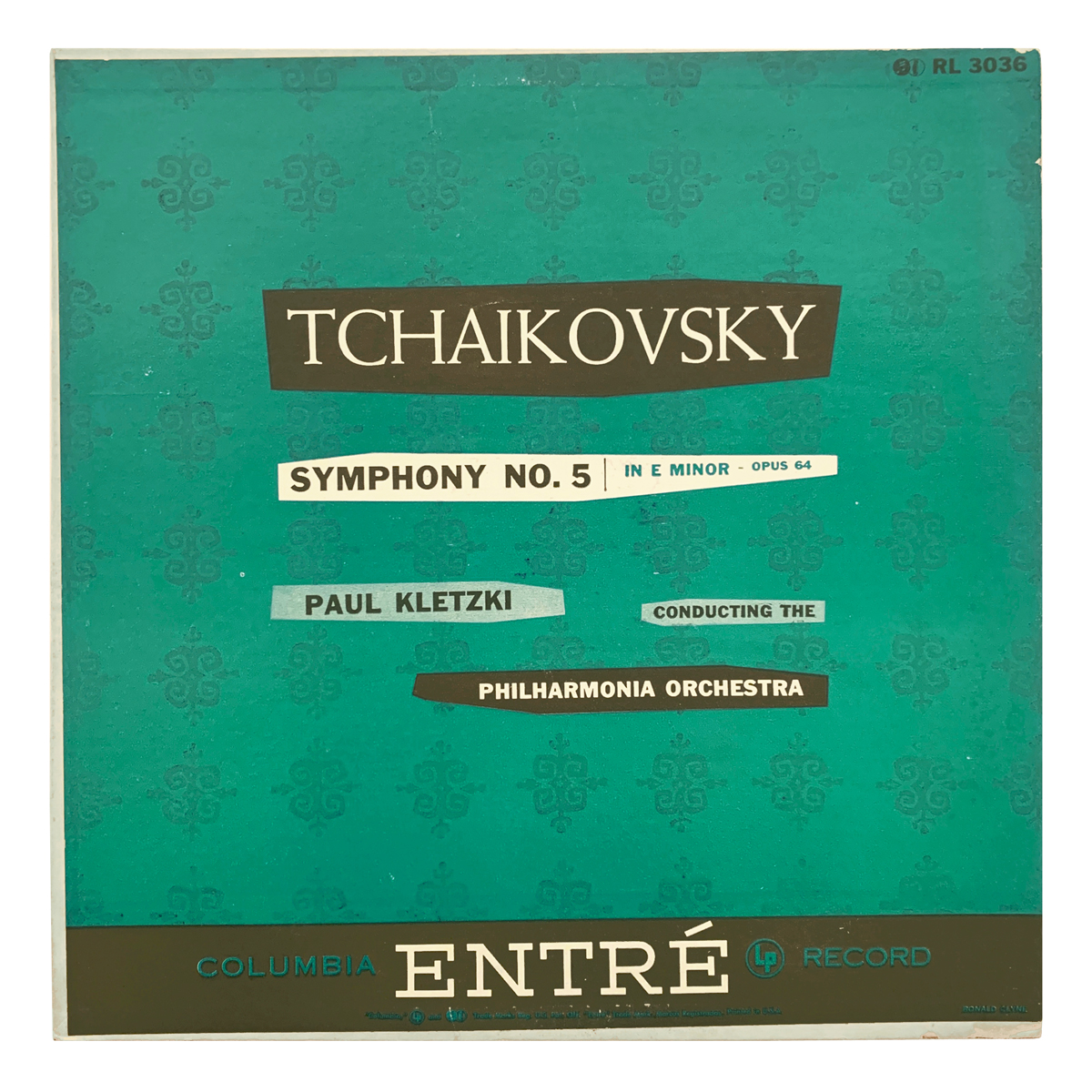 Columbia Entré RL 3036 Pyotr Ilyich Tchaikovsky - Symphony No.5 in E minor, Op.64 The Philharmonia Orchestra - Paul Kletzki Design: Ronald Clyne (credited)