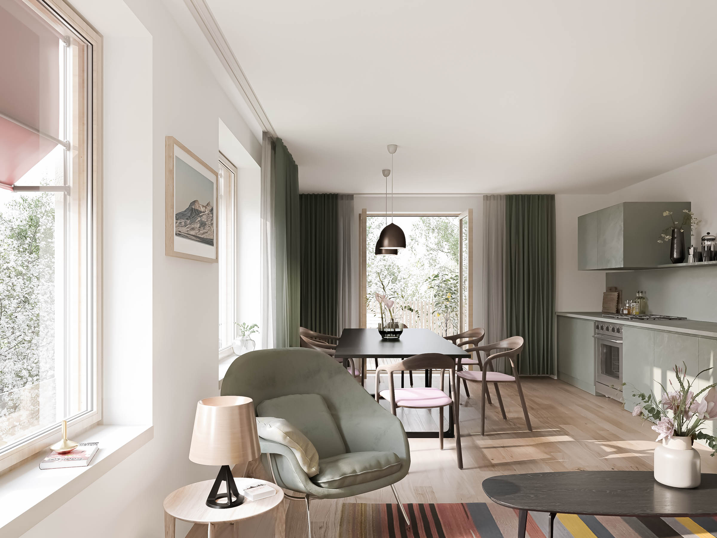 Rendering of the livingroom of the housing project LUK in Krailing.