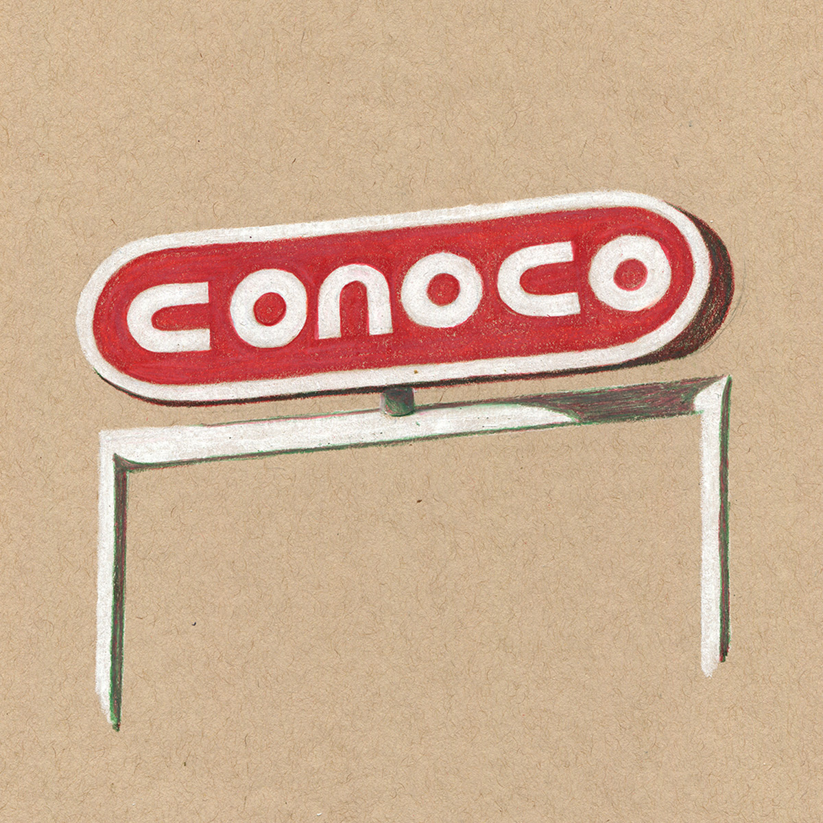 Conoco Gas Sign, colored pencil drawing on toned paper 8x8"