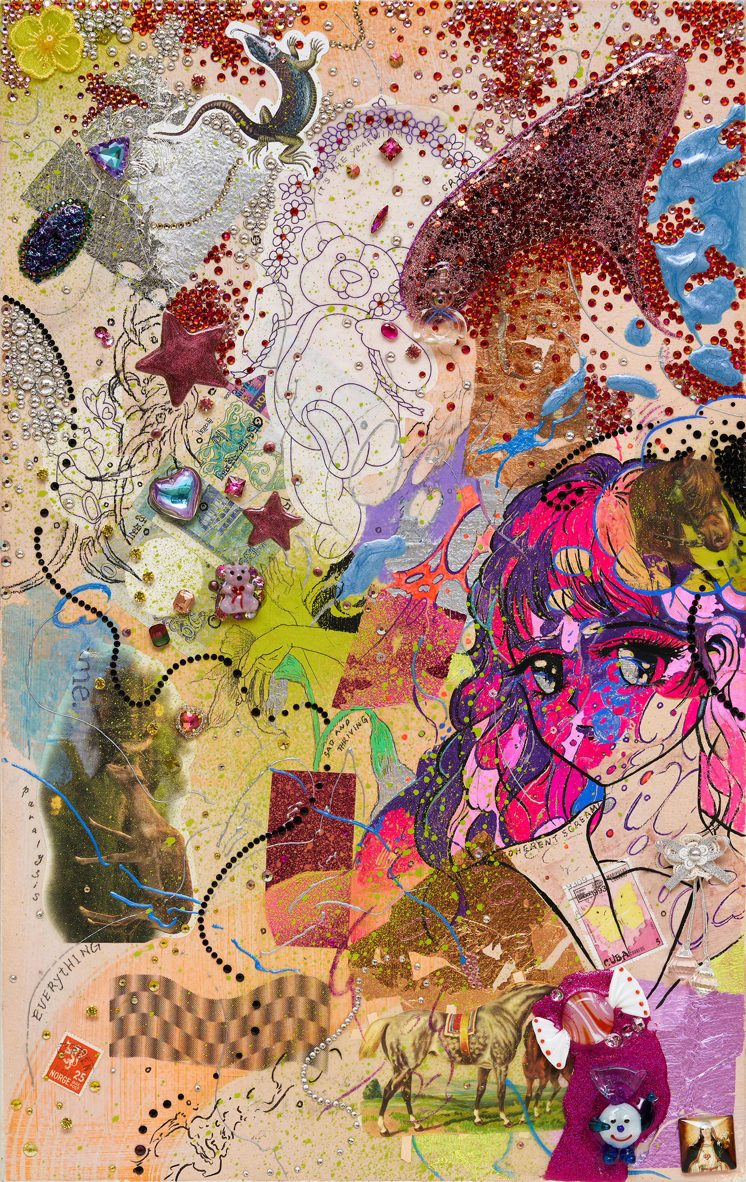 Incoherent Scream_2024_Acrylic, charcoal, glass pendants, gold foil, gouache, marker, oil pastel, pen, pencil, resin, rhinestones, spray, thrifted trinkets on paper, mounted on wood panel_33x53cm. 