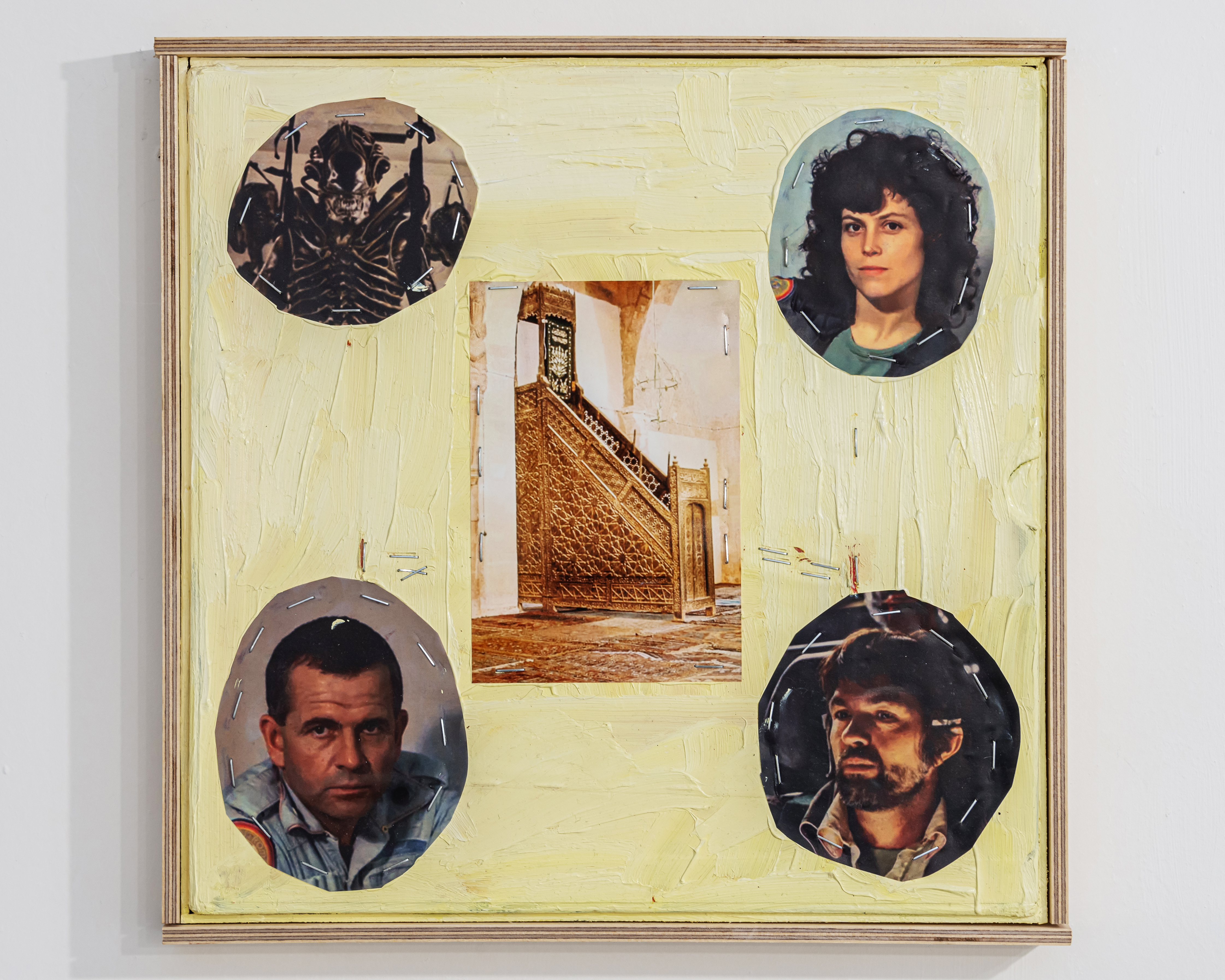 Power Struggle, 2023, oil, photo-cut-outs, staples, on record sleeve, in ply artist’s frame, 34x34x3cm