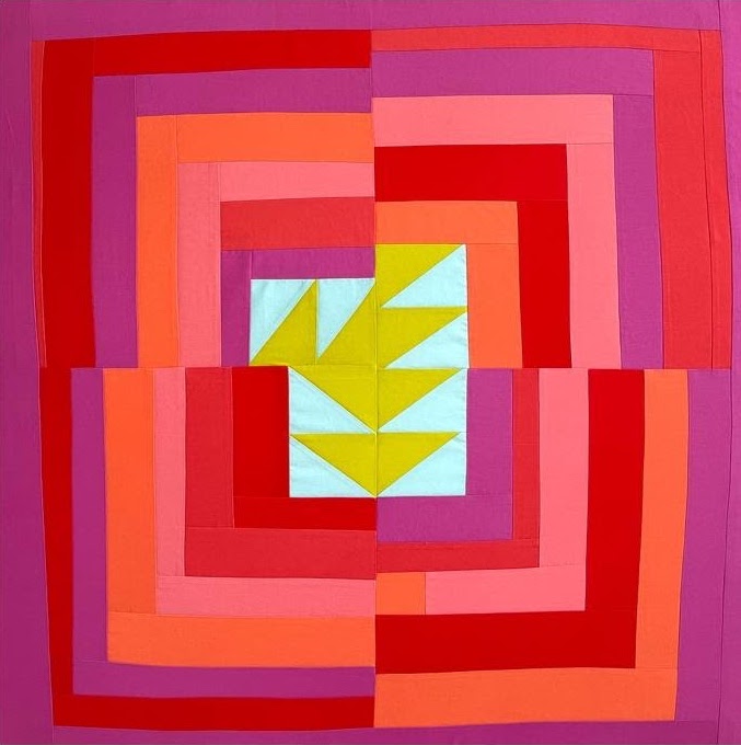 A painting that looks like a geometric patchwork quilt made up of mostly rectangles and triangles. Oranges and purples make up a kind of border and yellow and pale blues occupy the middle.