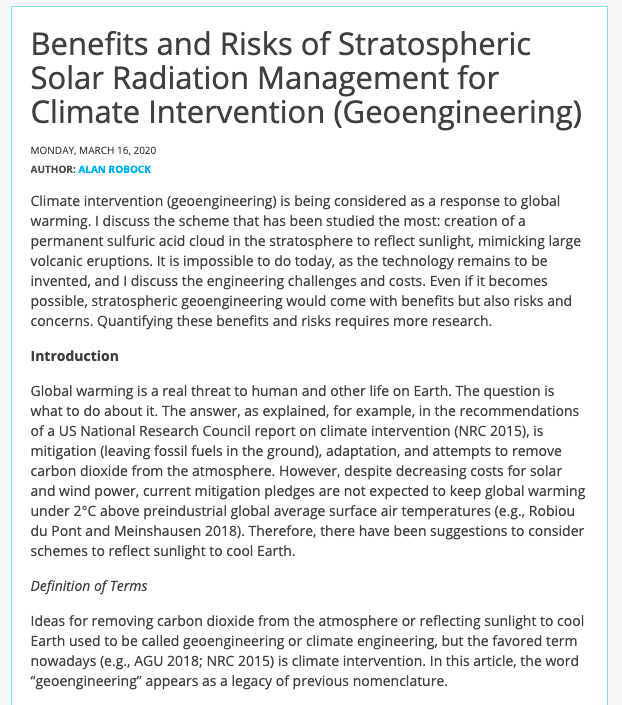 Benefits and Risks of Stratospheric Solar Radiation Management for Climate Intervention 	(Geoengineering) 