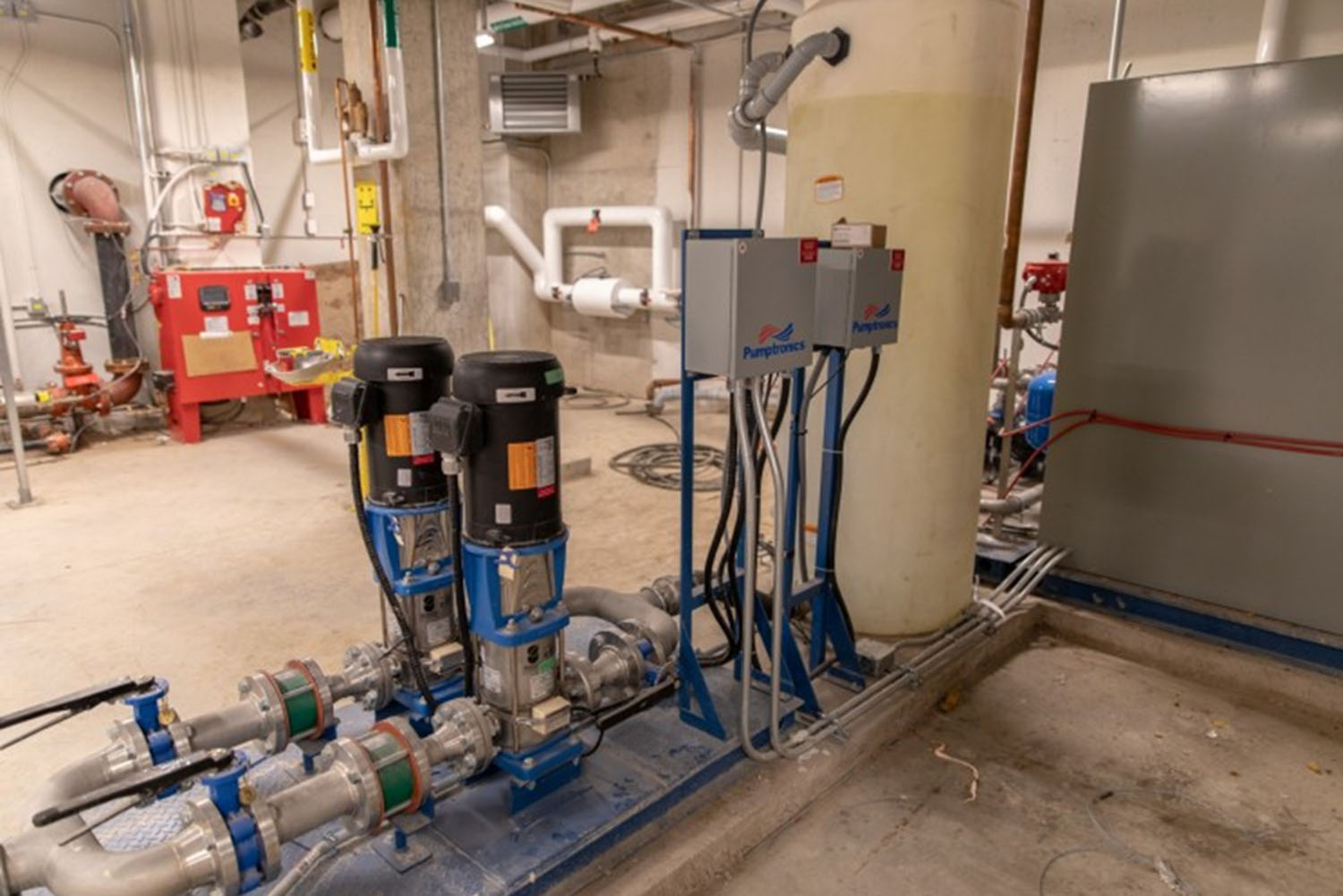 Shown is a storage system for non-potable water that collects and reuses grey water for the building’s toilets.