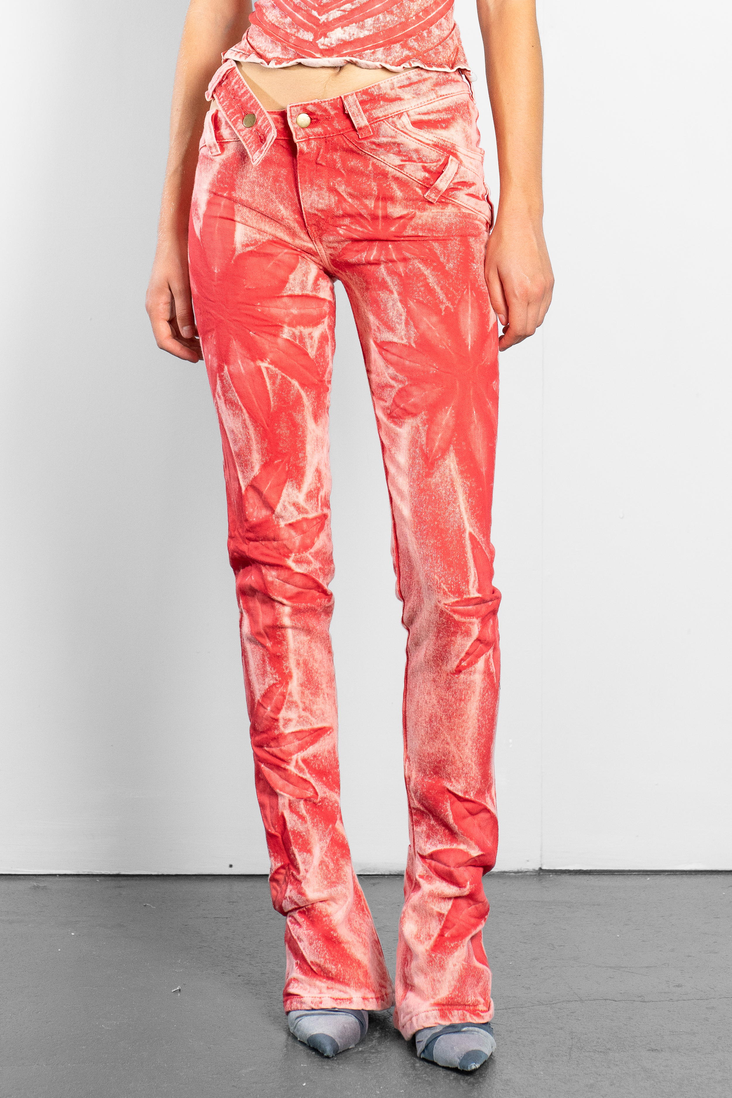 Flower Bell bottom asymmetric skinny jeans Weathered red £410